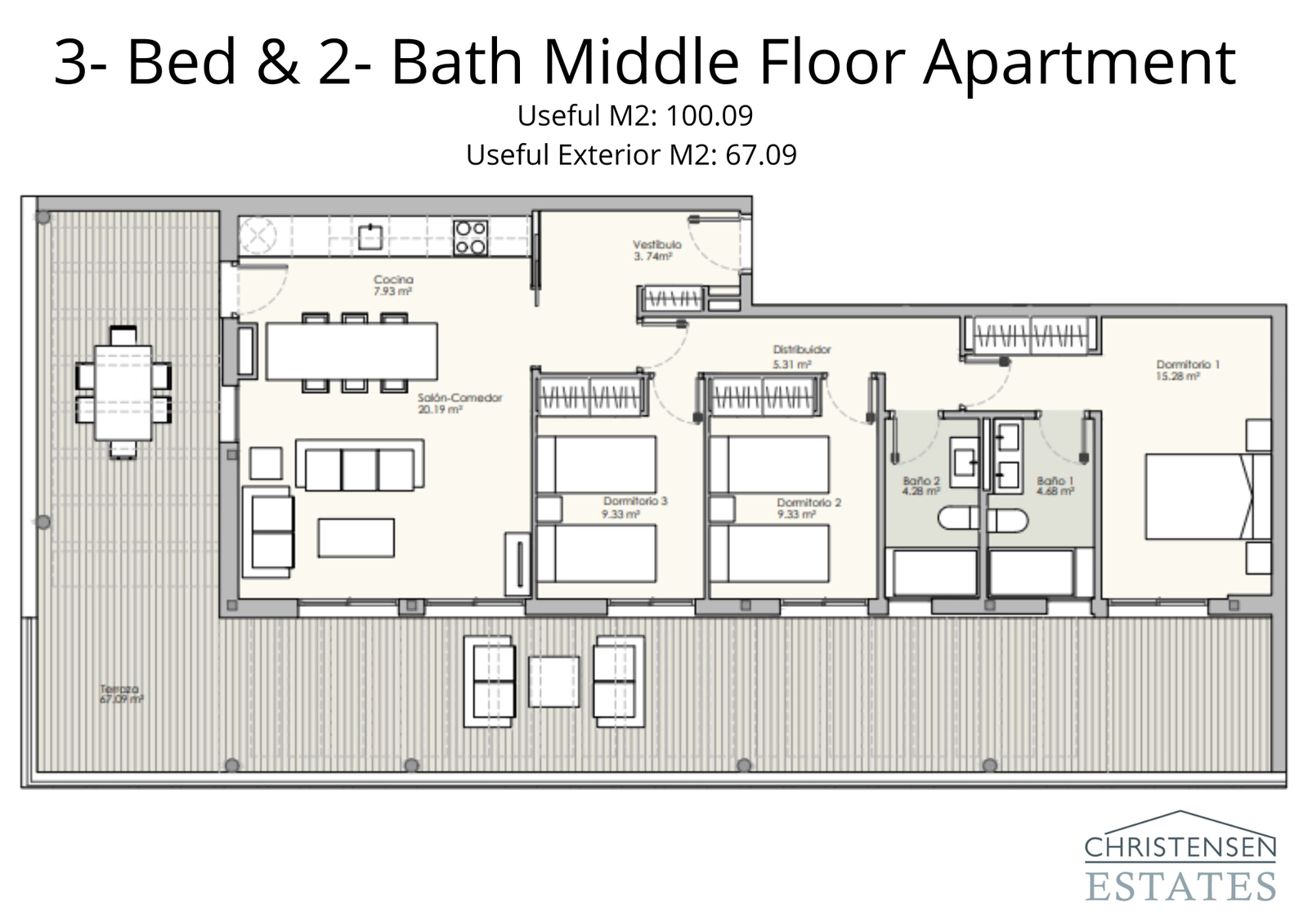Indeling van een appartement op de middelste verdieping met drie slaapkamers, grote woonruimtes en een prachtig terras met geweldig uitzicht.