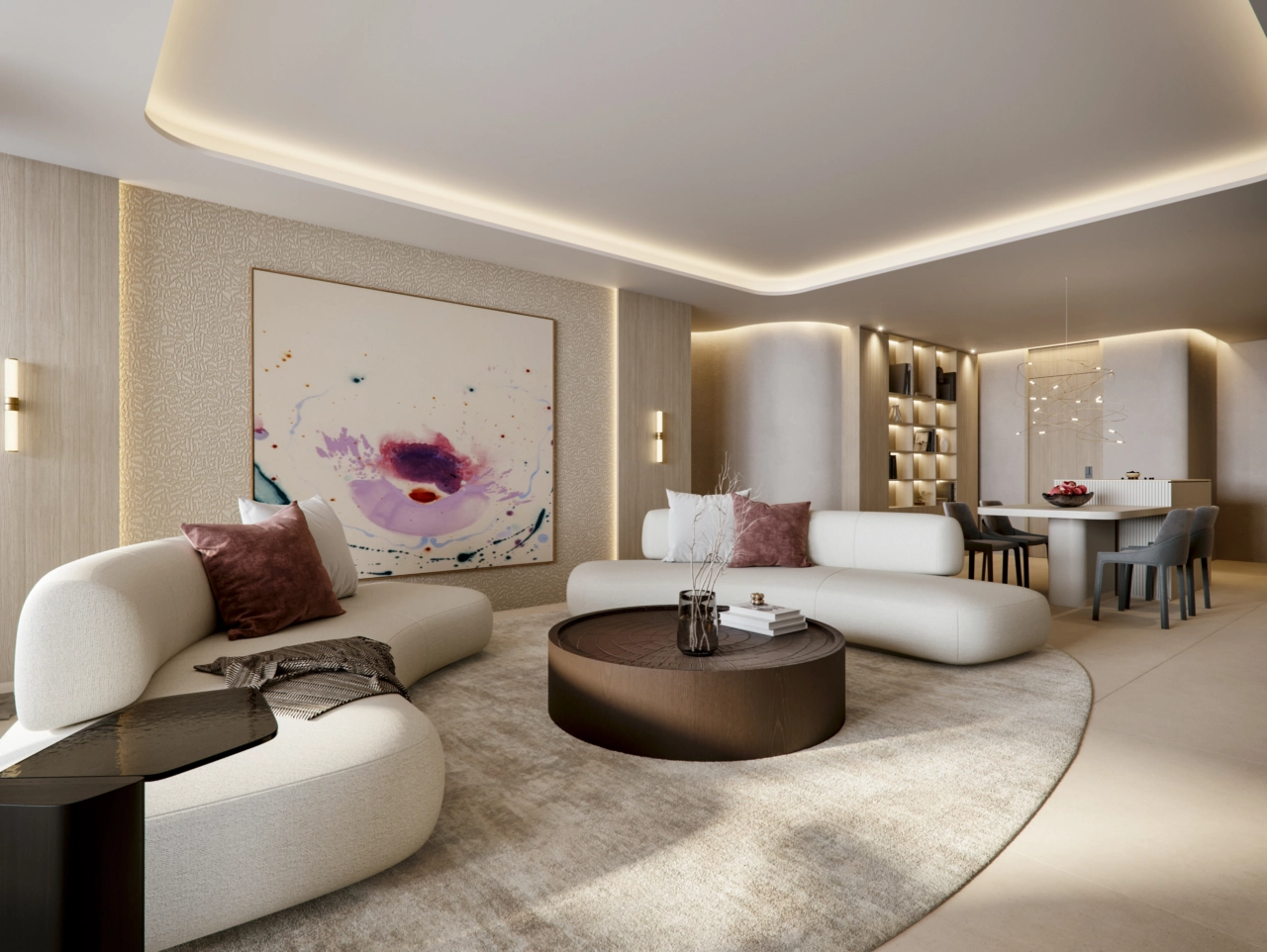 Een uitnodigende en serene woonkamer, gemaakt met zachte texturen en een neutraal palet voor ultiem comfort.