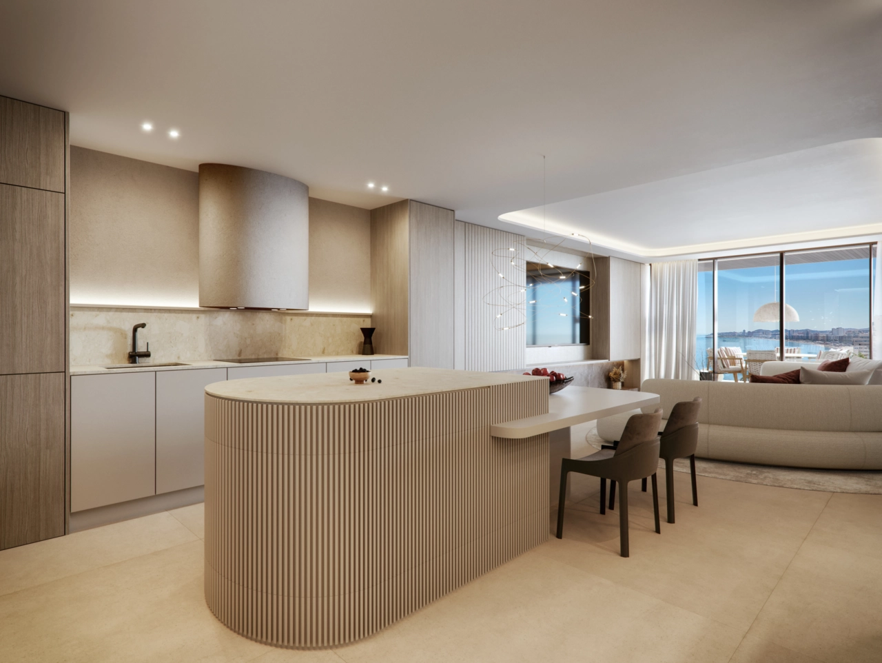 Een moderne, luxe keuken met een stijlvol eiland, ontworpen voor zowel dagelijks gebruik als voor het ontvangen van gasten.