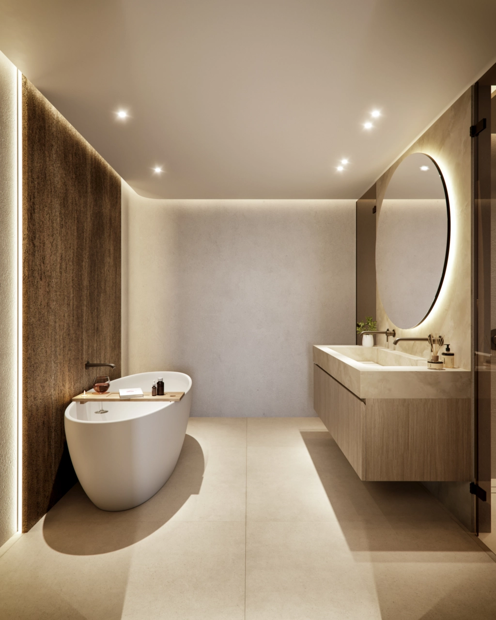 Een prachtig ingerichte badkamer met een vrijstaand bad en hoogwaardige afwerkingen, wat een spa-achtige sfeer creëert.