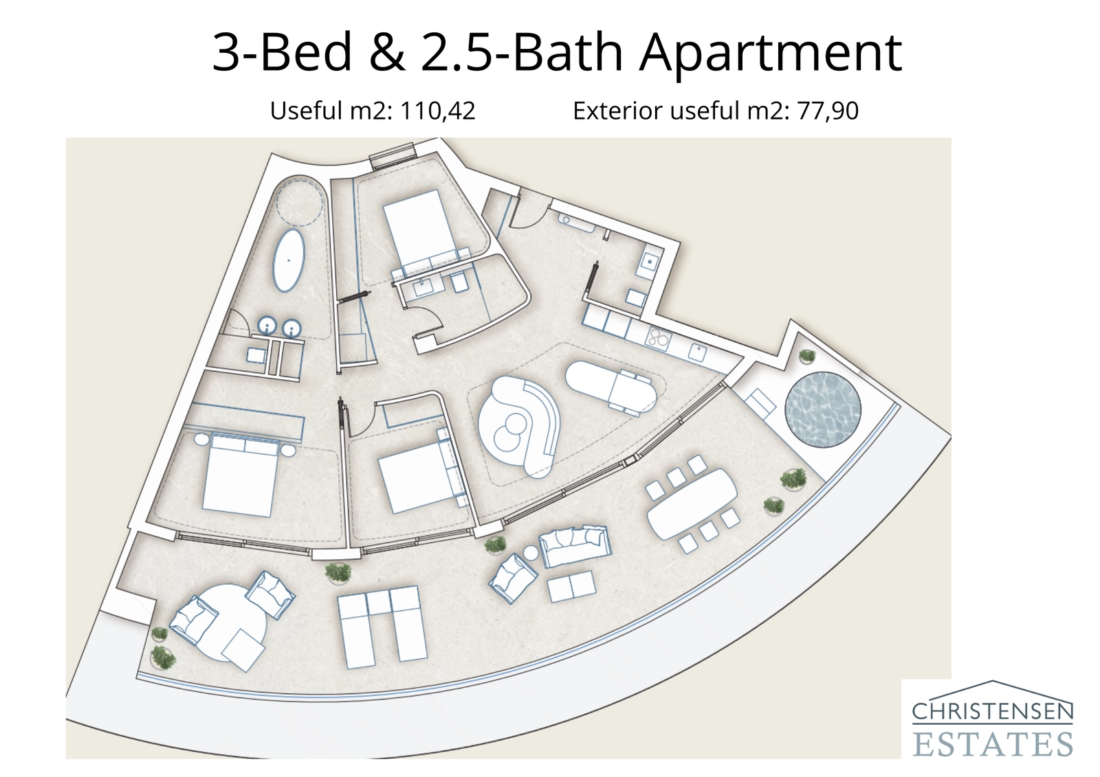 Deze ruime plattegrond met drie slaapkamers beschikt over een uitgestrekt rondomlopend terras, dat binnen- en buitenruimtes naadloos integreert.