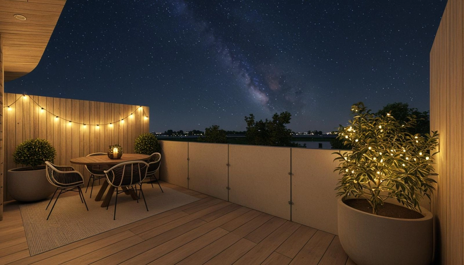 Geniet van magische avonden op uw privéterras, een ideale setting voor rustige reflectie of entertainment onder de sterren.