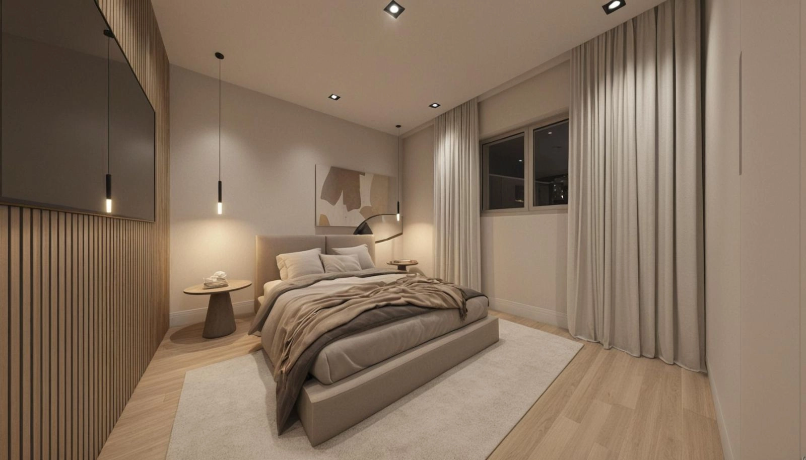 De hoofdslaapkamer is een privé-toevluchtsoord, met verfijnde materialen en een rustgevend kleurenpalet dat uitnodigt tot rust en ontspanning.