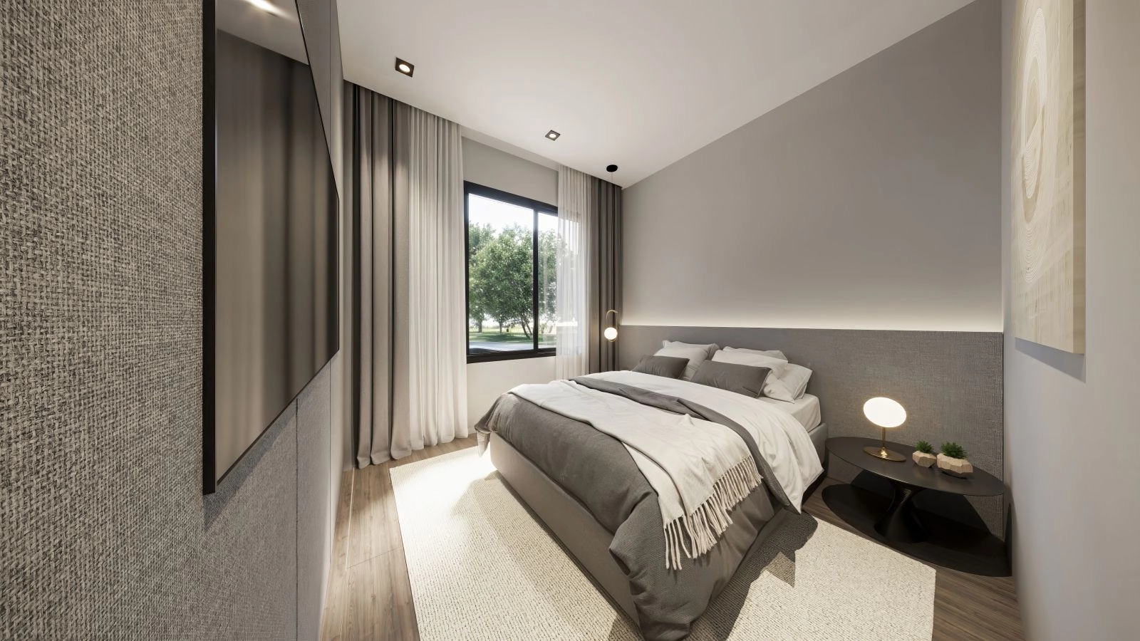 Een ander uitzicht op een rustige slaapkamer, met het elegante ontwerp en het overvloedige natuurlijke licht dat elke woning vult.