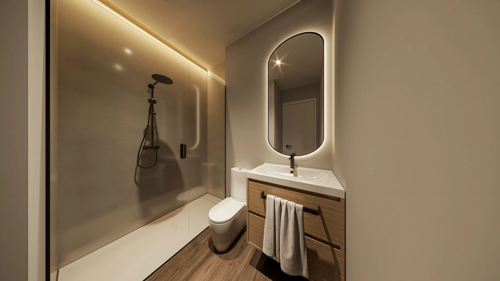 Ervaar de perfecte balans tussen design en functie in de stijlvolle badkamer, met hoogwaardige kranen en verfijnde porseleinen tegels.