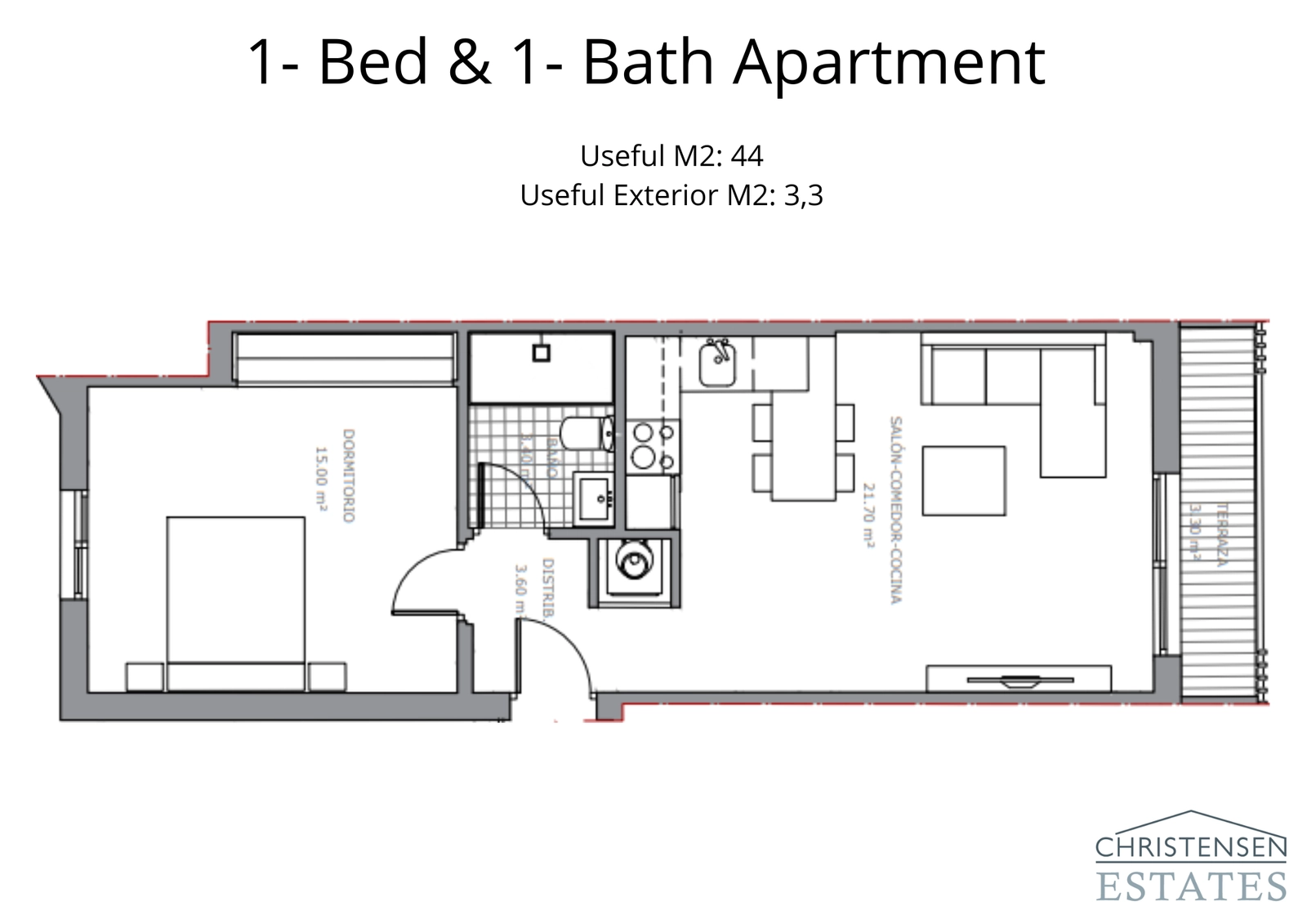 Deze indeling van een appartement met één slaapkamer biedt een efficiënt en open ontwerp, waarbij de woonkamer naadloos aansluit op de buitenruimte.