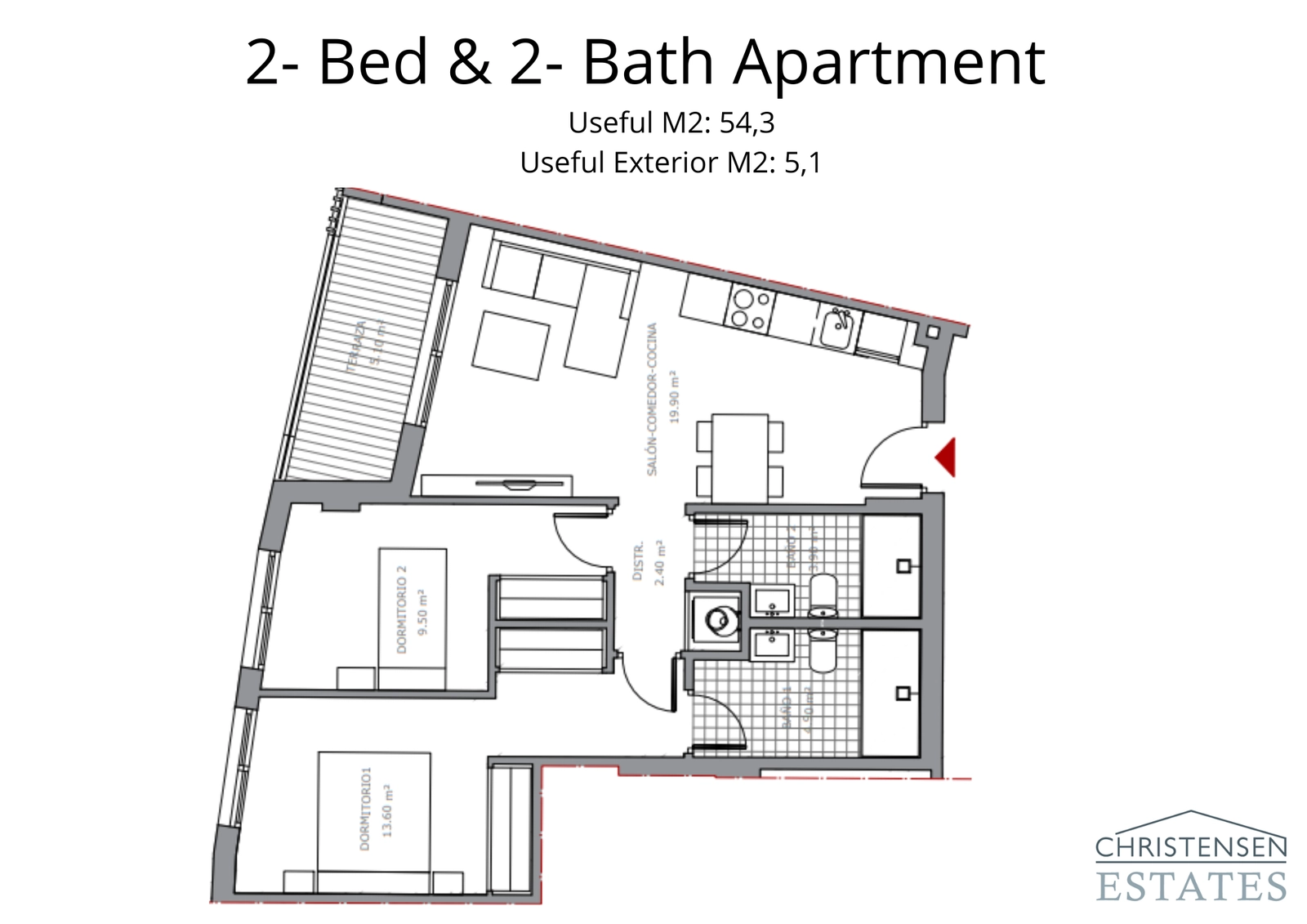 Het appartement met twee slaapkamers biedt een duidelijke scheiding tussen de woon- en privégedeelten, wat het comfort en de functionaliteit voor bewoners maximaliseert.