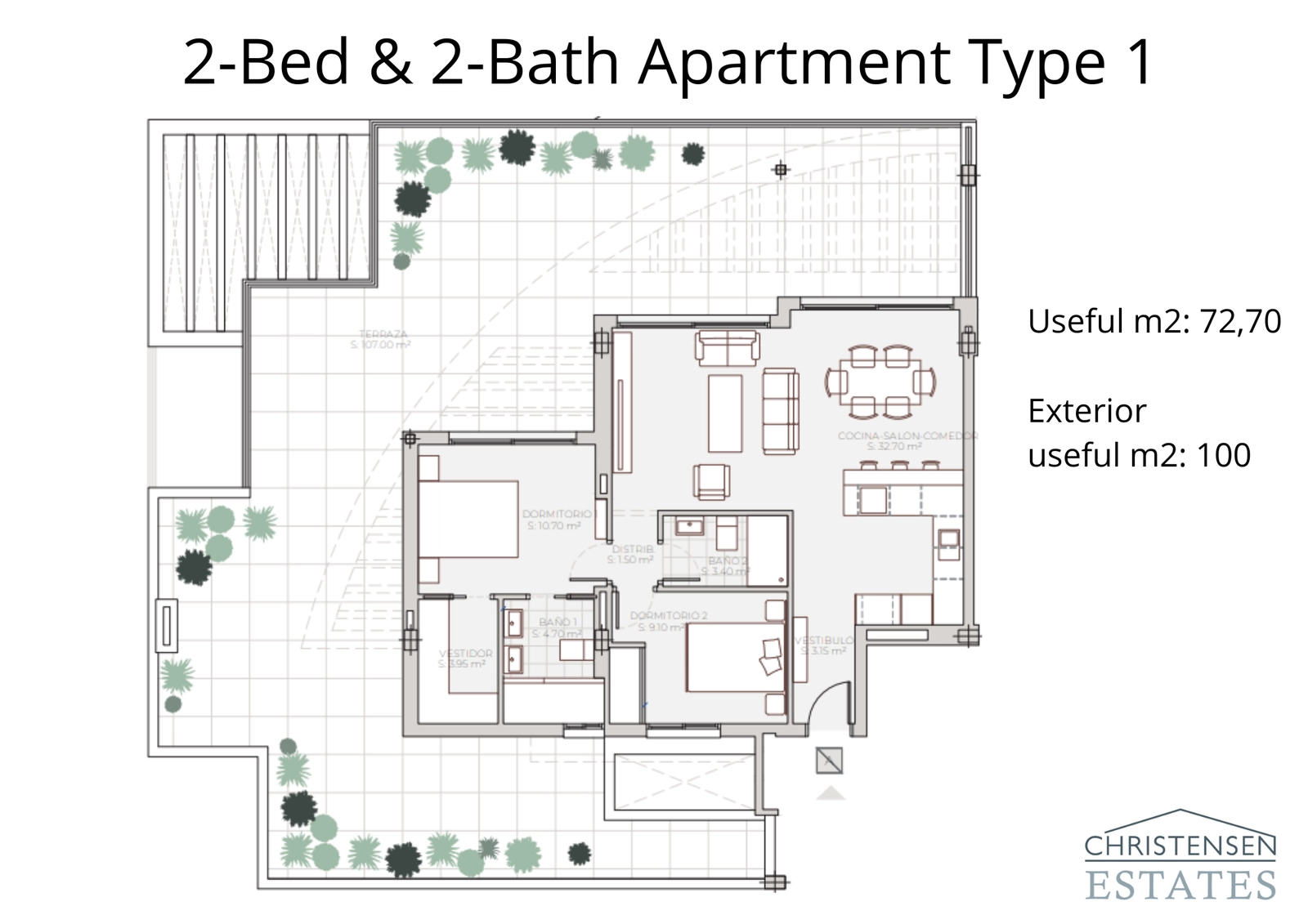 Deze plattegrond van een penthouse met twee slaapkamers toont een uitgestrekt terras rondom, ideaal voor een binnen-buitenleven.