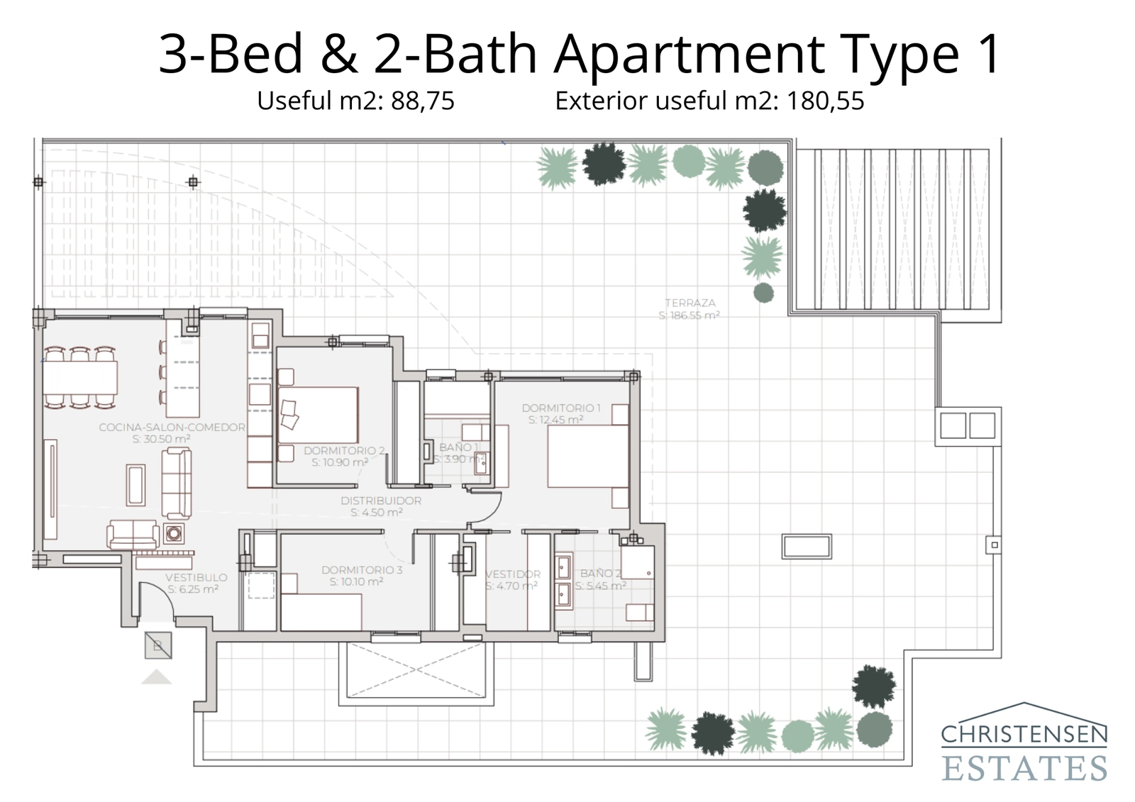 Plattegrond voor een gelijkvloerse woning met drie slaapkamers, met de royale privétuin en terrasruimtes.