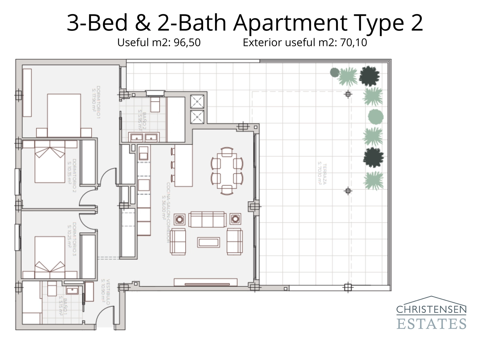 Een ruime plattegrond van een appartement met drie slaapkamers, ontworpen voor comfort met een groot terras om van het uitzicht te genieten.