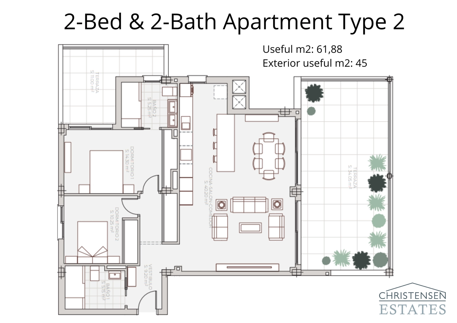 Een alternatieve indeling met twee slaapkamers, met twee terrassen om te genieten van zowel de ochtend- als de middagzon.