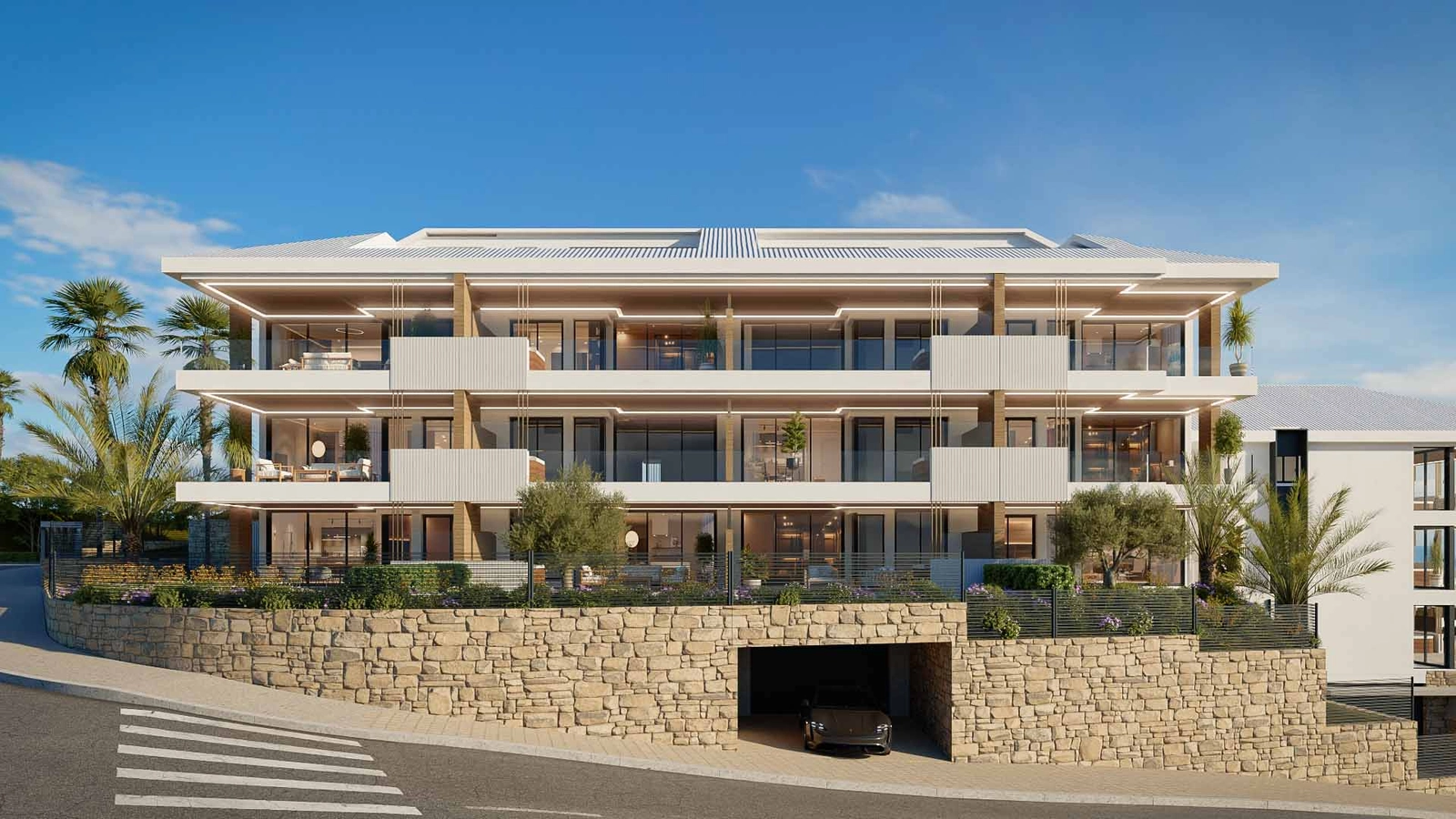 De eigentijdse architectuur van het project sluit prachtig aan bij de natuurlijke omgeving.