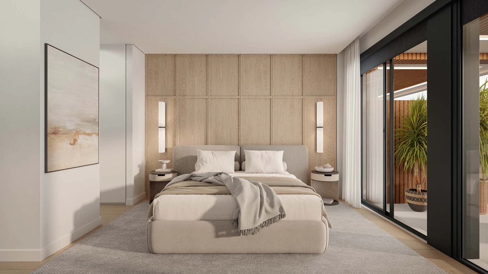De hoofdslaapkamer biedt een serene toevluchtsoord met een elegant ontwerp en directe toegang tot het terras.