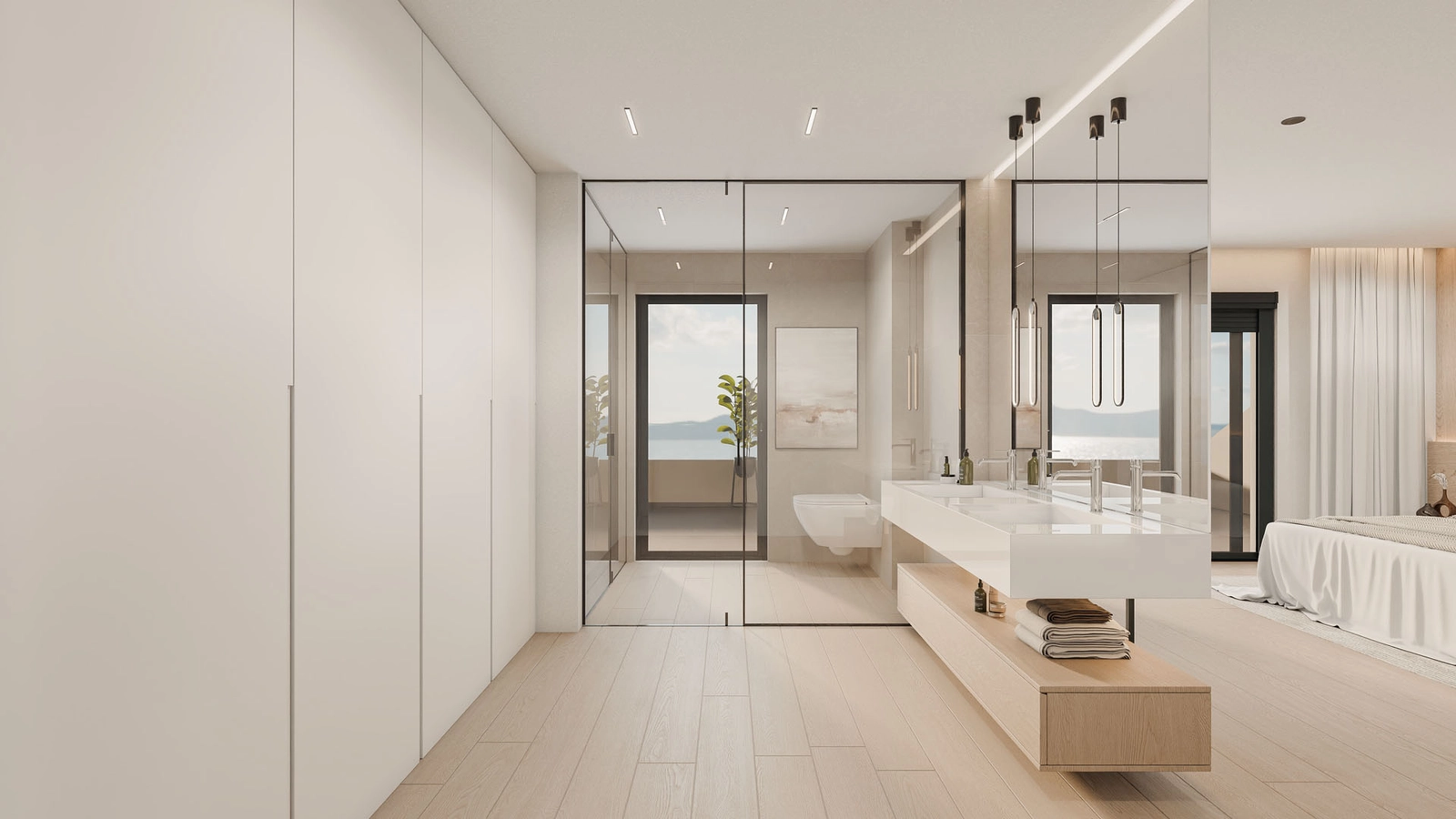 Een luxe en-suite badkamer waar strakke lijnen en natuurlijk licht een spa-achtige sfeer creëren.