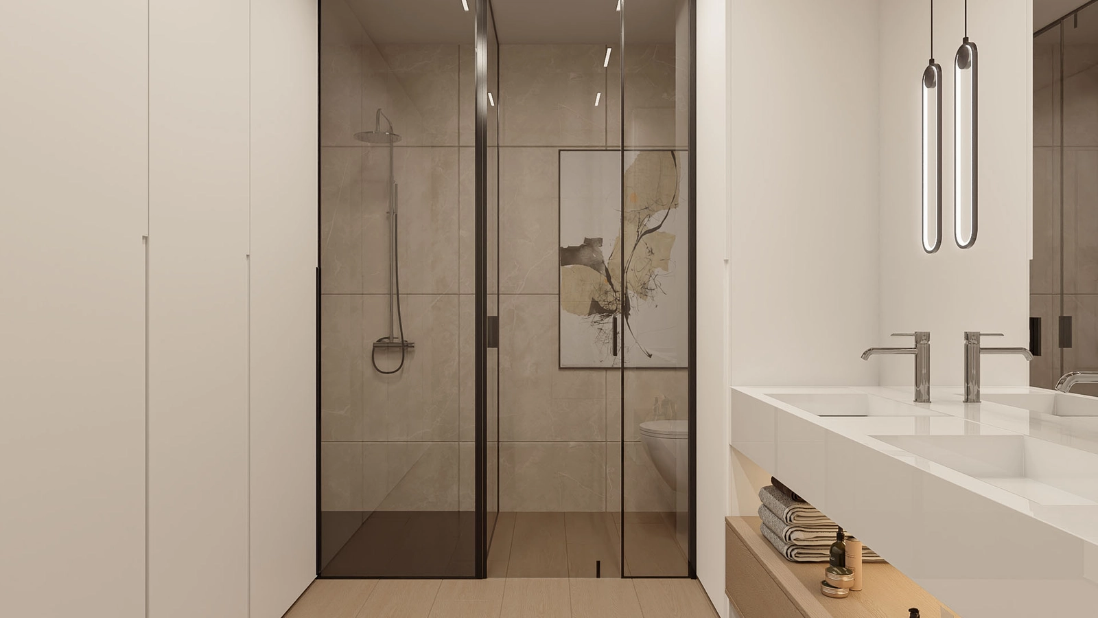 Een moderne badkamer met hoogwaardige armaturen en verfijnde afwerkingen.