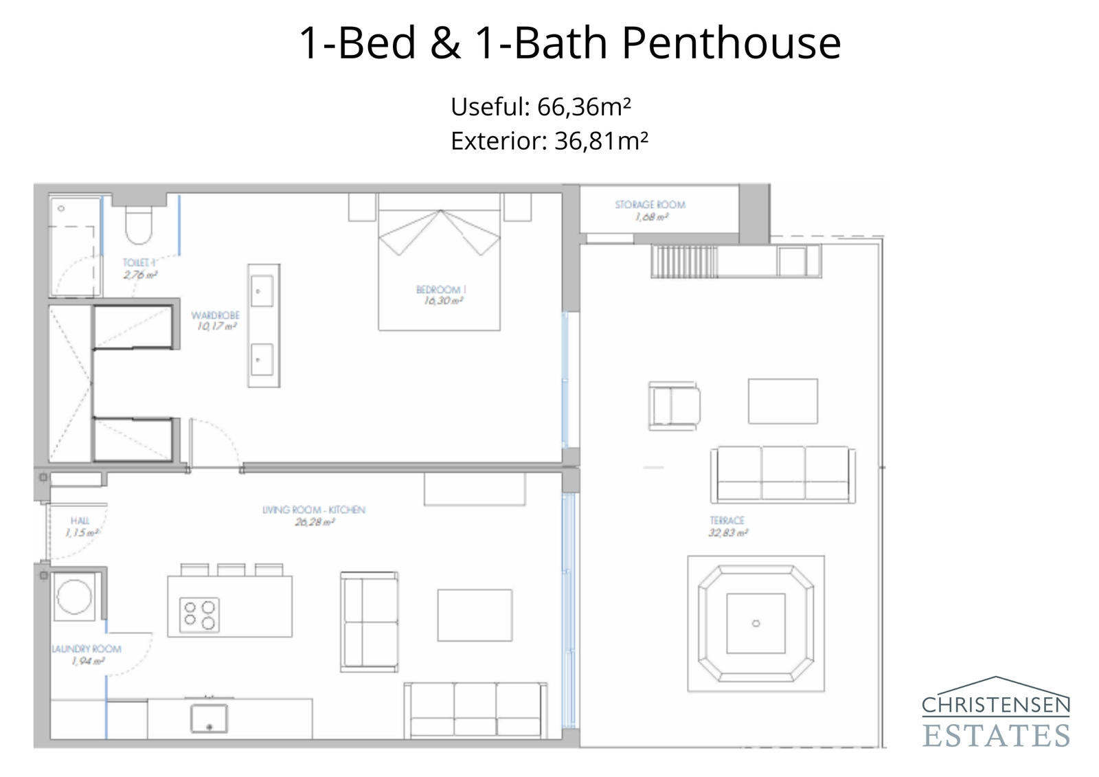Dit penthouse met één slaapkamer biedt een intelligent ruimtegebruik, waarbij de woonkamer is verbonden met een groot terras met een eigen jacuzzi.