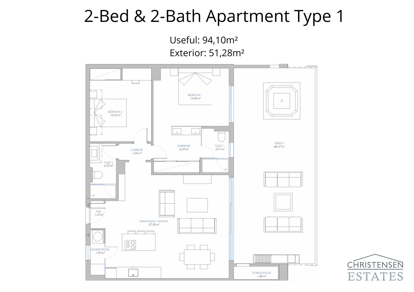 Een ruime plattegrond met twee slaapkamers, ontworpen voor comfort, met een royaal terras dat de woonruimte naar buiten uitbreidt.
