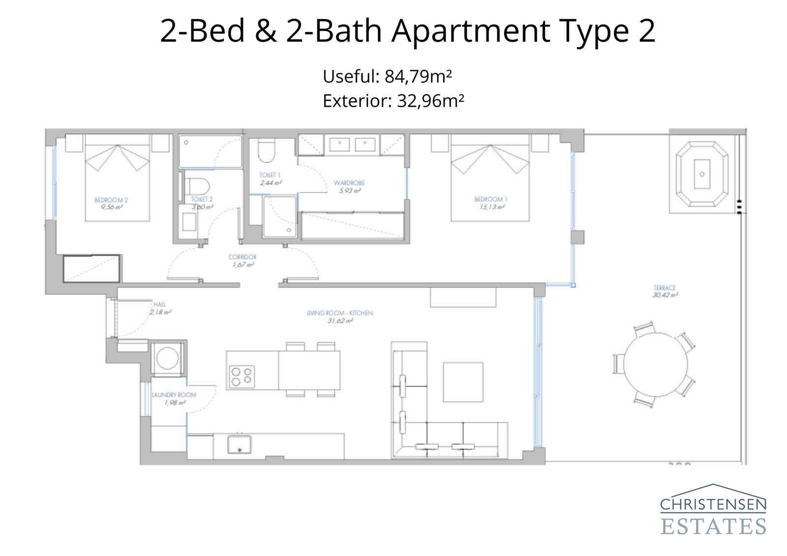 Deze goed ontworpen plattegrond met twee slaapkamers maximaliseert functionaliteit en privacy, met een naadloze overgang naar het eigen buitenterras.