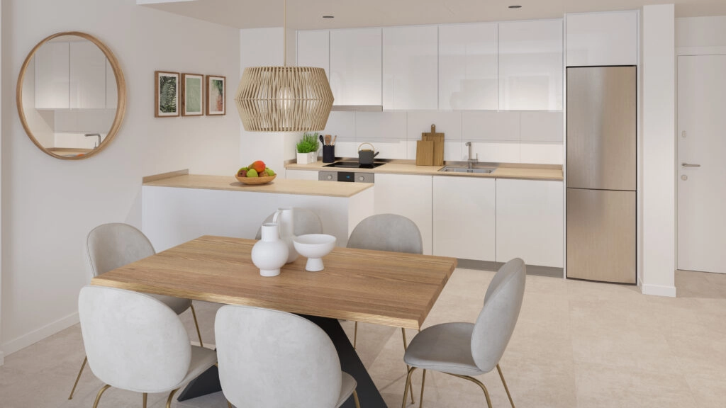 Een moderne, open keuken volledig uitgerust met hoogwaardige apparatuur, ontworpen voor zowel het dagelijks leven als voor entertainment.