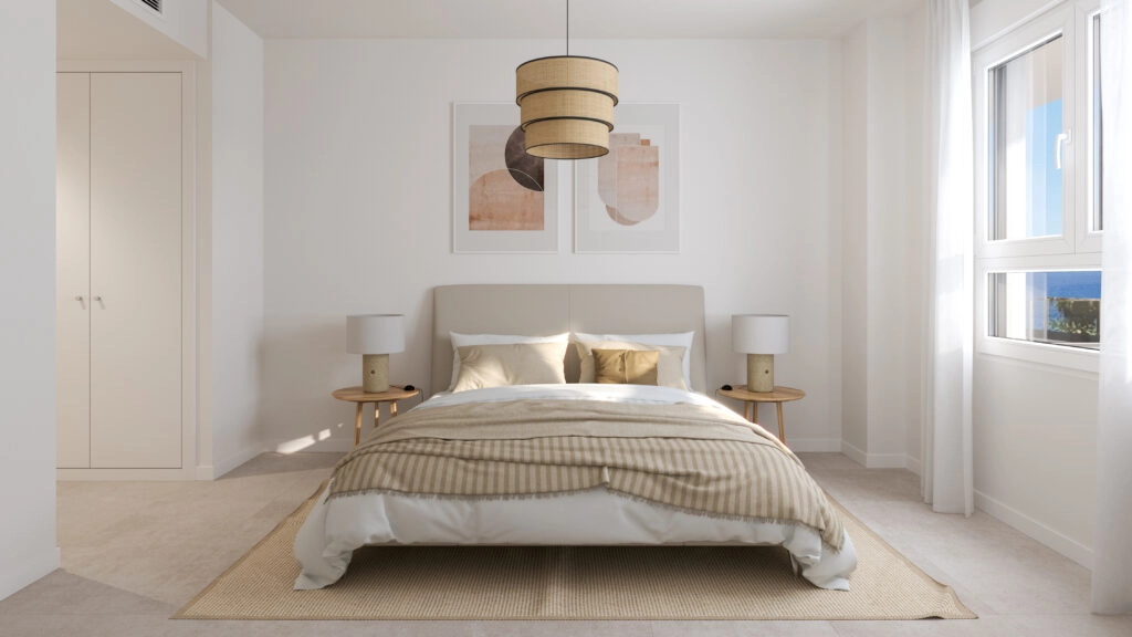 De serene hoofdslaapkamer biedt een vredig toevluchtsoord met overvloedig natuurlijk licht.