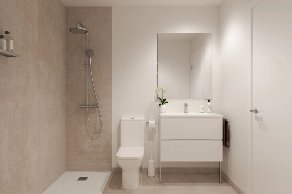 Een stijlvolle en eigentijdse badkamer met hoogwaardige armaturen en een strak, minimalistisch design.