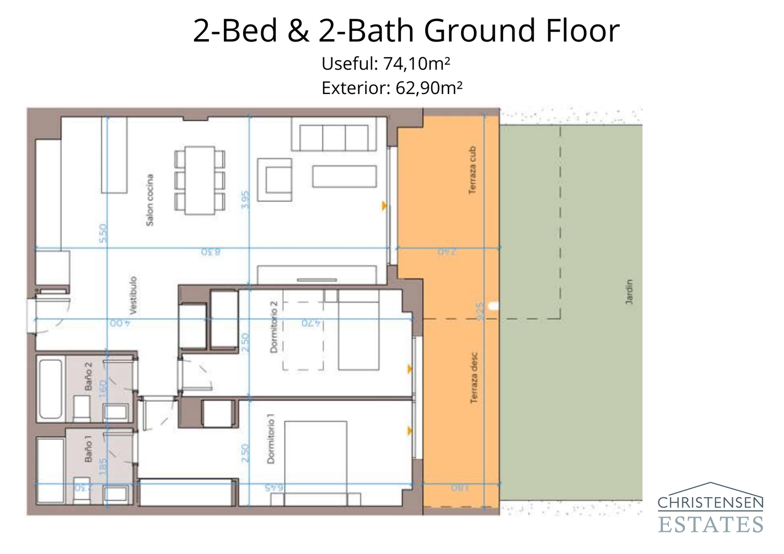 Deze plattegrond van een gelijkvloers appartement met twee slaapkamers toont een slim ontwerp dat ruimte en licht maximaliseert, waarbij de woonkamer wordt verbonden met een royaal terras en een privétuin voor naadloos buitenleven.