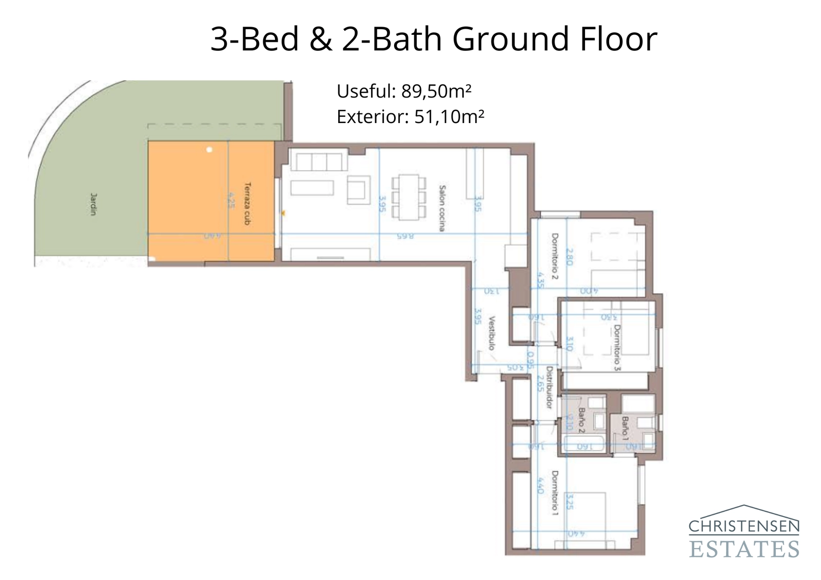 De plattegrond van een gelijkvloers appartement met drie slaapkamers beschikt over een uitgestrekte open woon- en keukenruimte, met directe toegang tot een privétuin, ideaal voor gezinnen en entertainment.