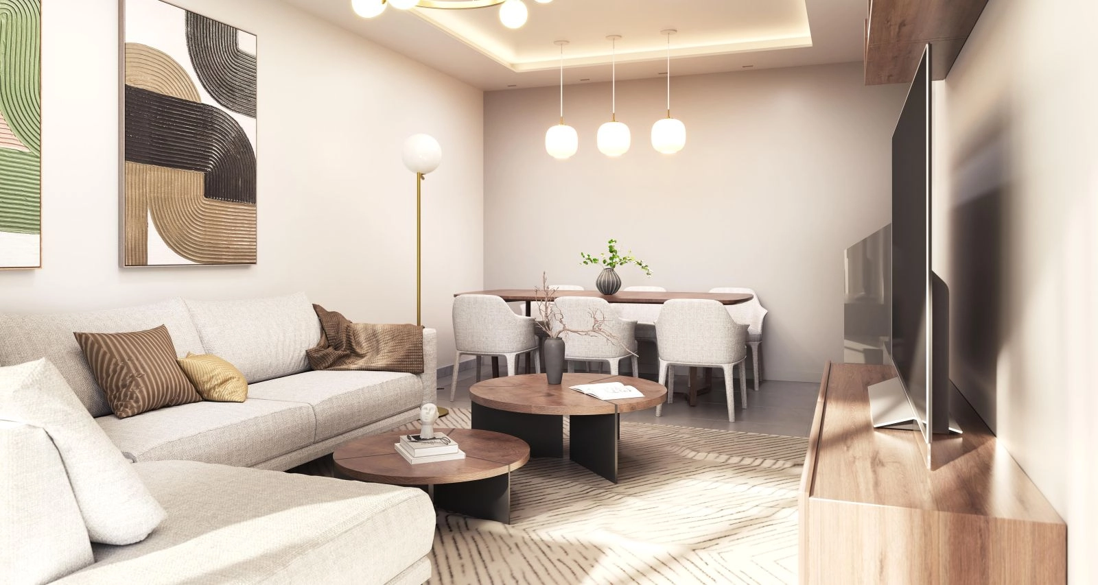 De woonkamer is ontworpen voor comfort, gevuld met natuurlijk licht en moderne elegantie.