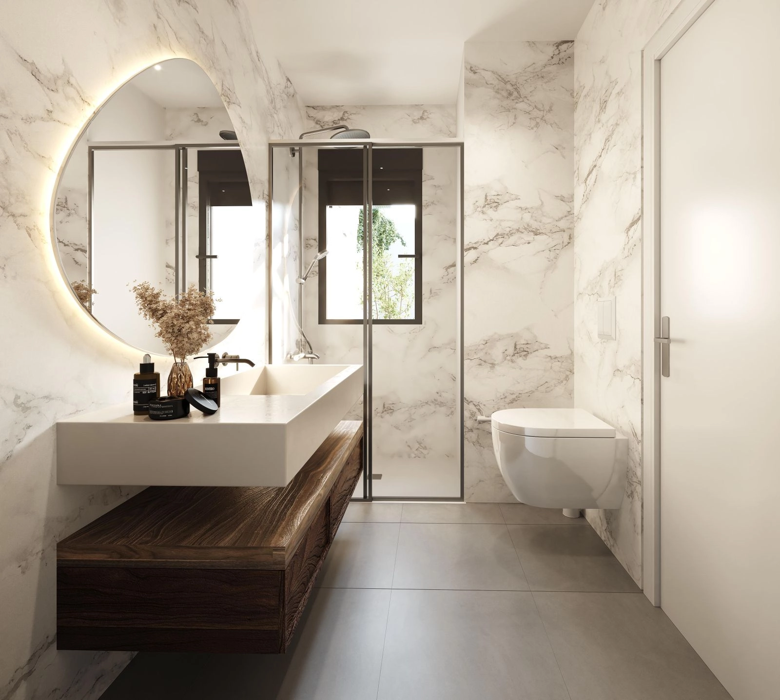 Een stijlvolle en moderne badkamer met hoogwaardige materialen en afwerkingen.