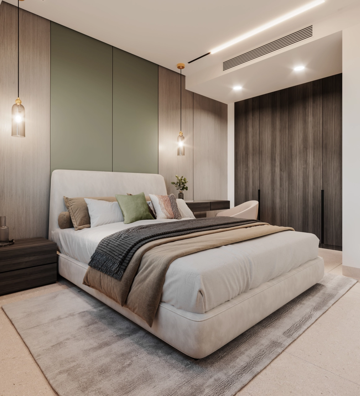 Een comfortabele en stijlvolle tweede slaapkamer, ontworpen met warme materialen en voldoende opbergruimte.