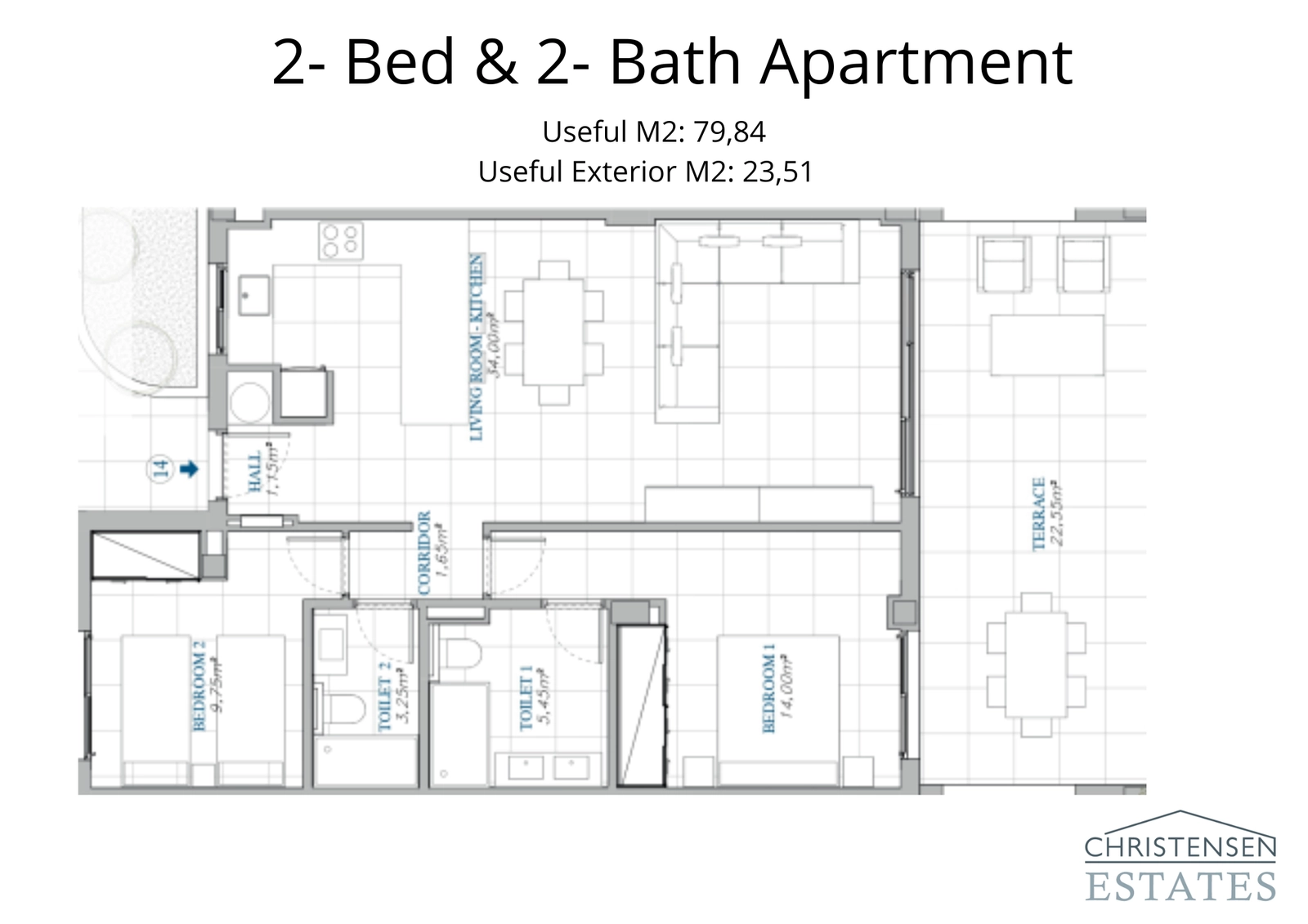 Deze indeling van een appartement met twee slaapkamers biedt een functionele open woonruimte die direct aansluit op een ruim terras.