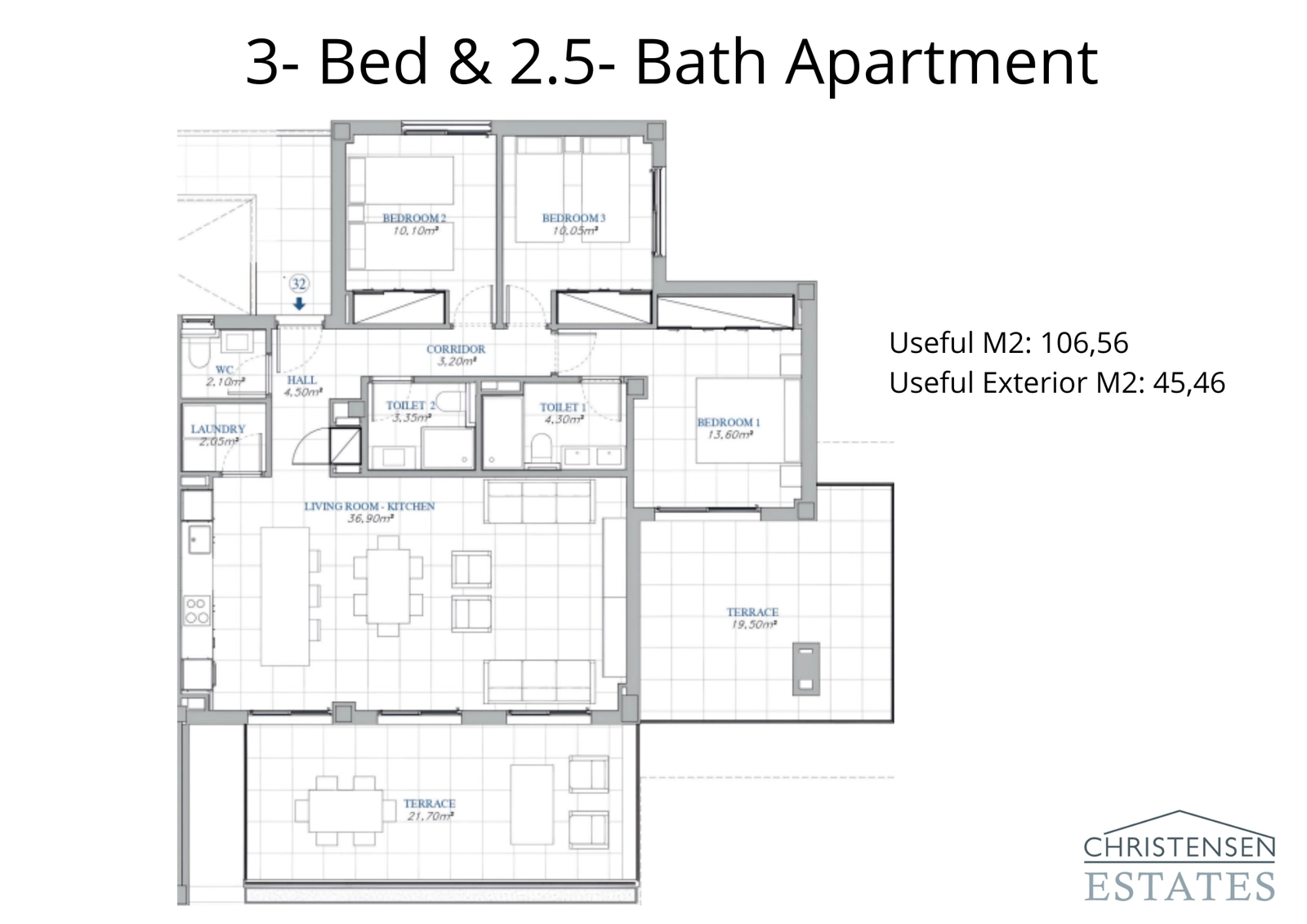 De plattegrond met drie slaapkamers biedt voldoende ruimte voor gezinnen, met slimme scheiding tussen woon- en slaapgedeelten voor privacy.