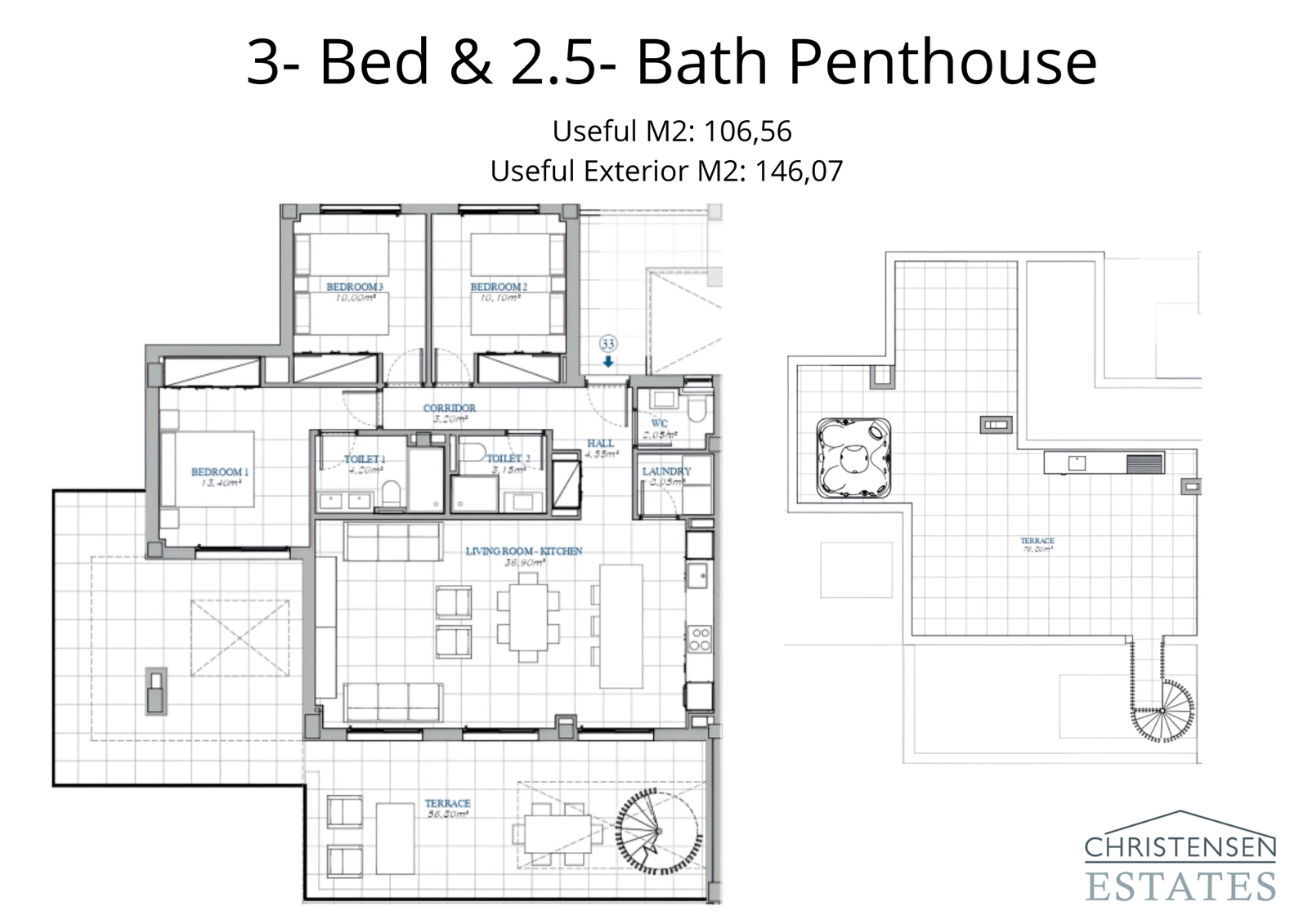 Deze ruime indeling van een penthouse met drie slaapkamers maximaliseert comfort en omvat een enorm privédakterras voor ongeëvenaard buitenleven.