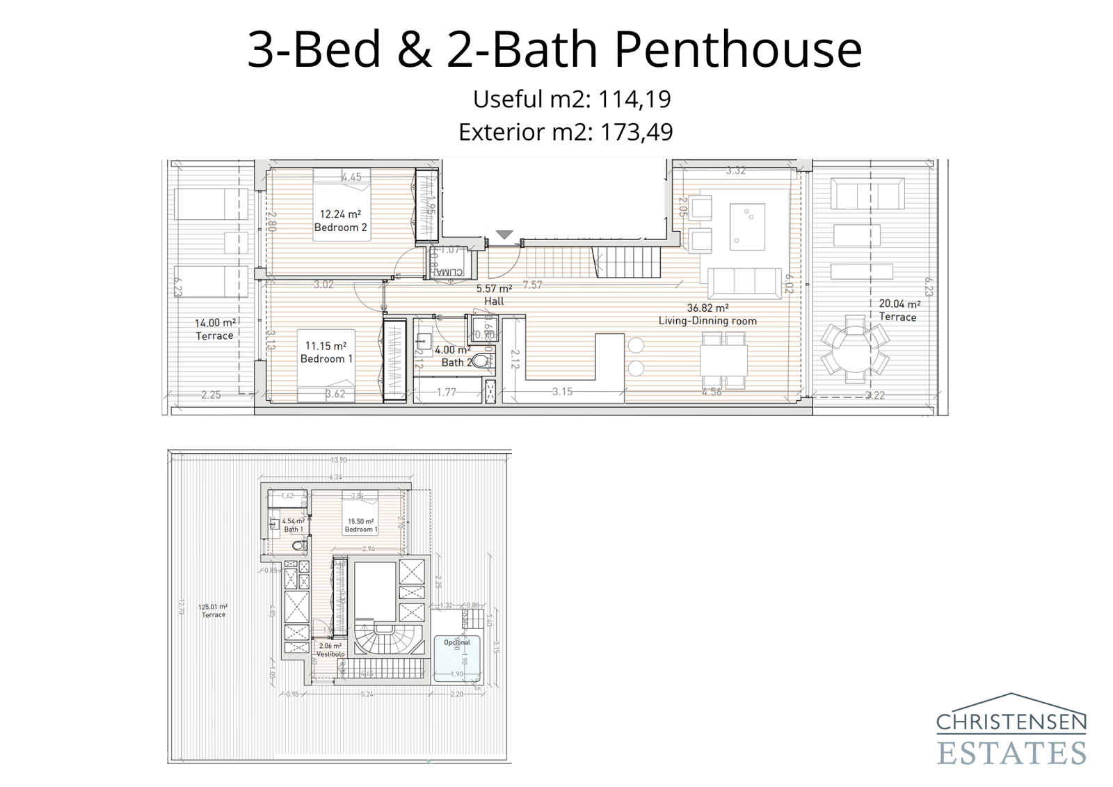 Deze duplex penthouse indeling toont drie slaapkamers en royale terrassen op beide verdiepingen, inclusief een prachtig solarium voor de ultieme woonervaring op het dak.