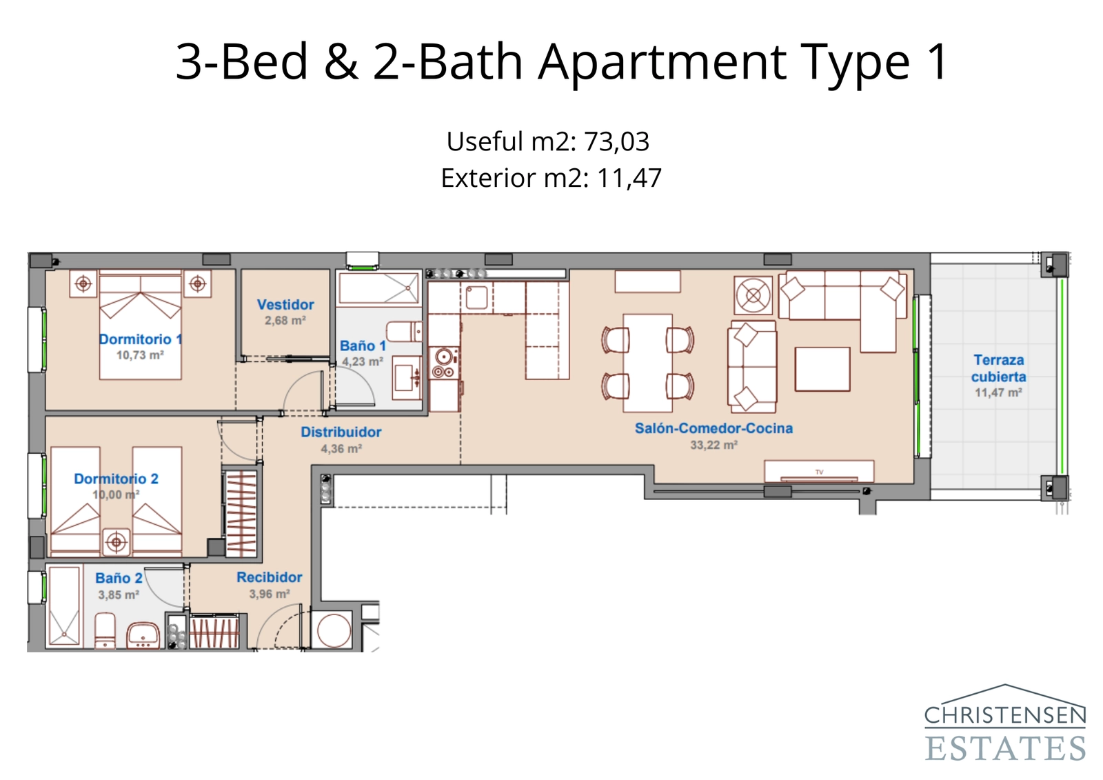 Deze indeling met drie slaapkamers beschikt over een open woonruimte die naadloos overgaat in een privé overdekt terras.