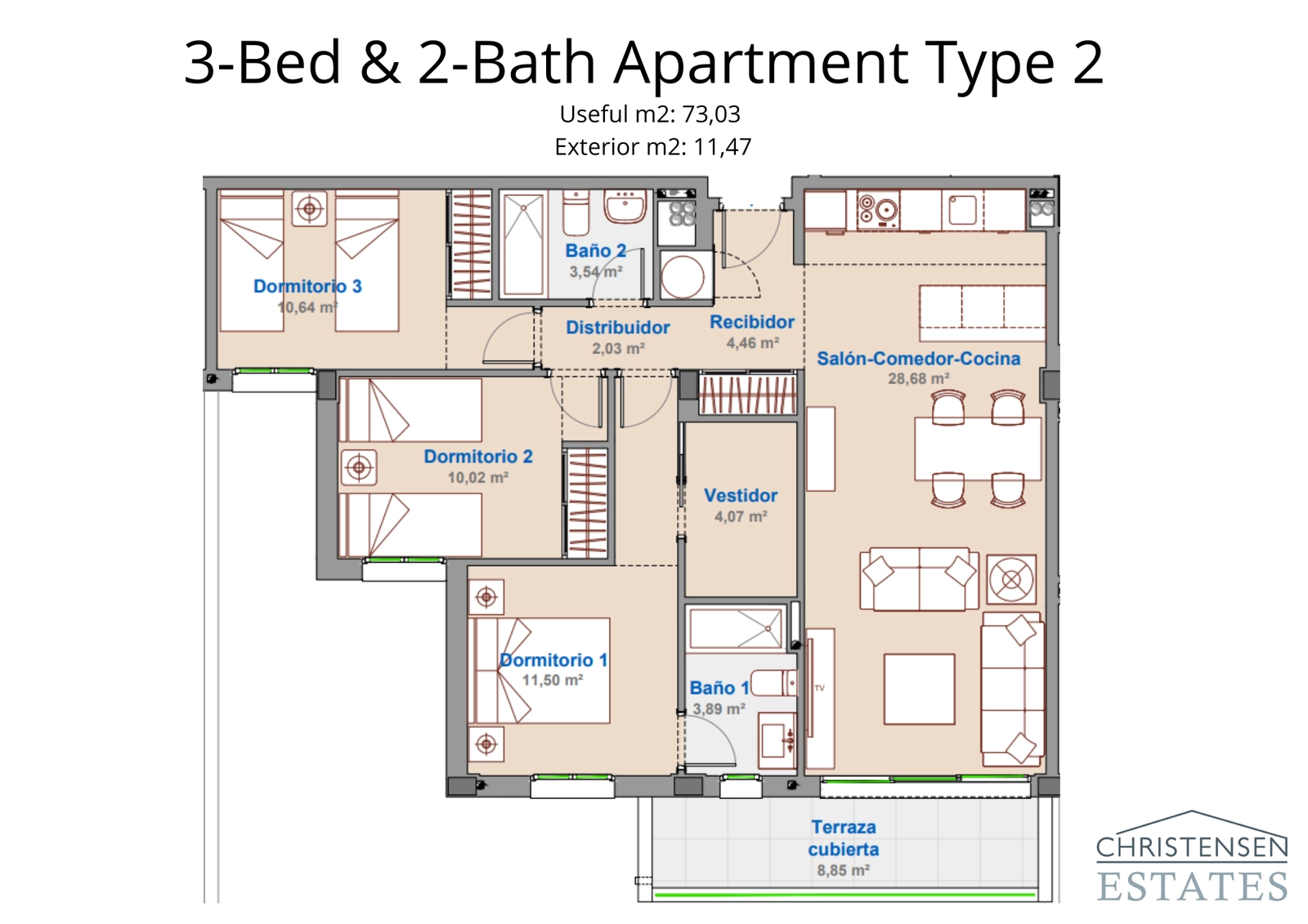 Een goed ontworpen plattegrond met drie slaapkamers die een slimme scheiding biedt tussen woon- en slaapgedeeltes voor extra comfort en privacy.