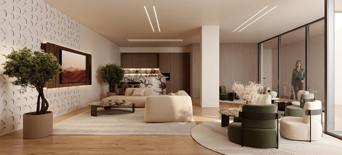 Een veelzijdige lounge voor bewoners biedt een comfortabele ruimte voor werk, vergaderingen of sociale bijeenkomsten.