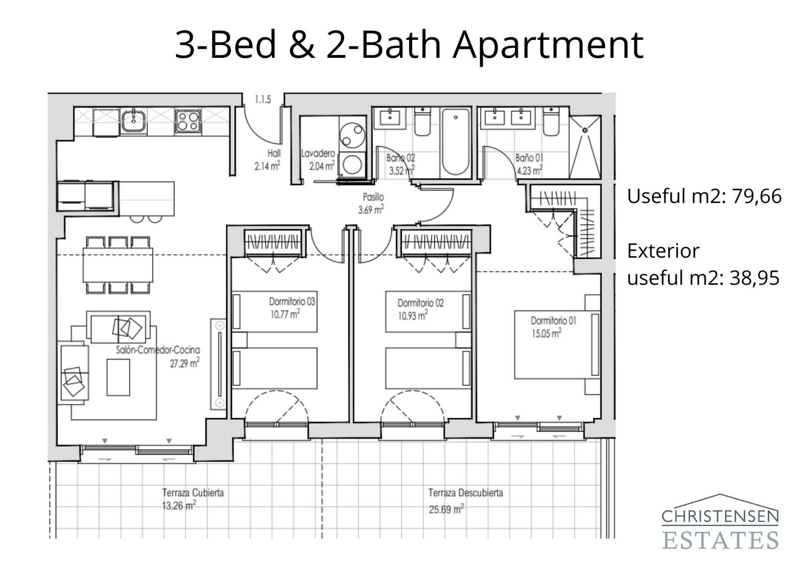 Het ruime appartementontwerp met drie slaapkamers biedt voldoende ruimte voor gezinnen, met een royale open woonkamer en een uitgestrekt terras om buiten te genieten.
