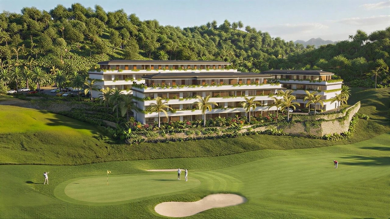 Het project is perfect geïntegreerd in het glooiende landschap van de golfbaan.