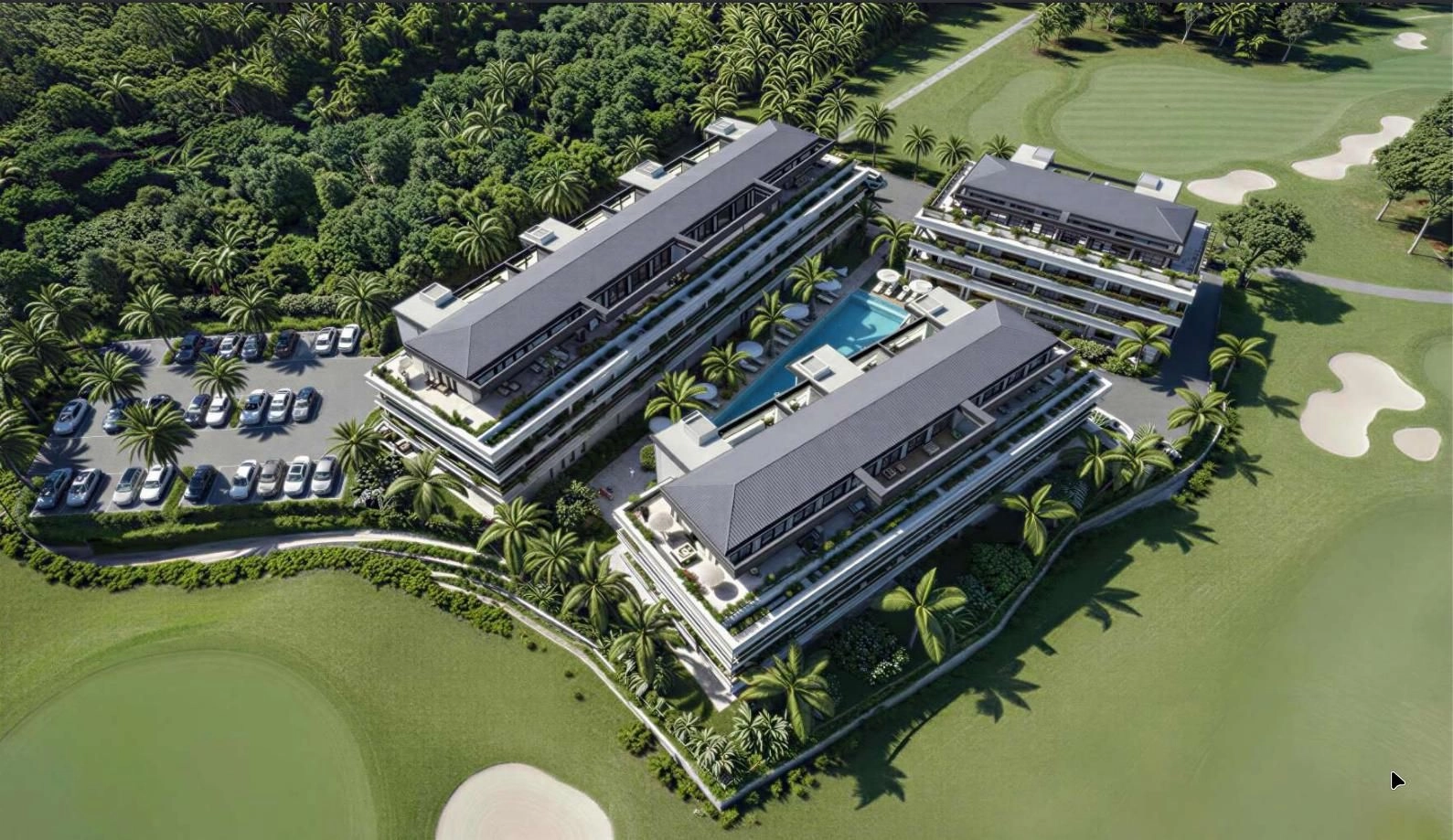 Een luchtfoto die de drie eigentijdse gebouwen omringd door groene fairways toont.
