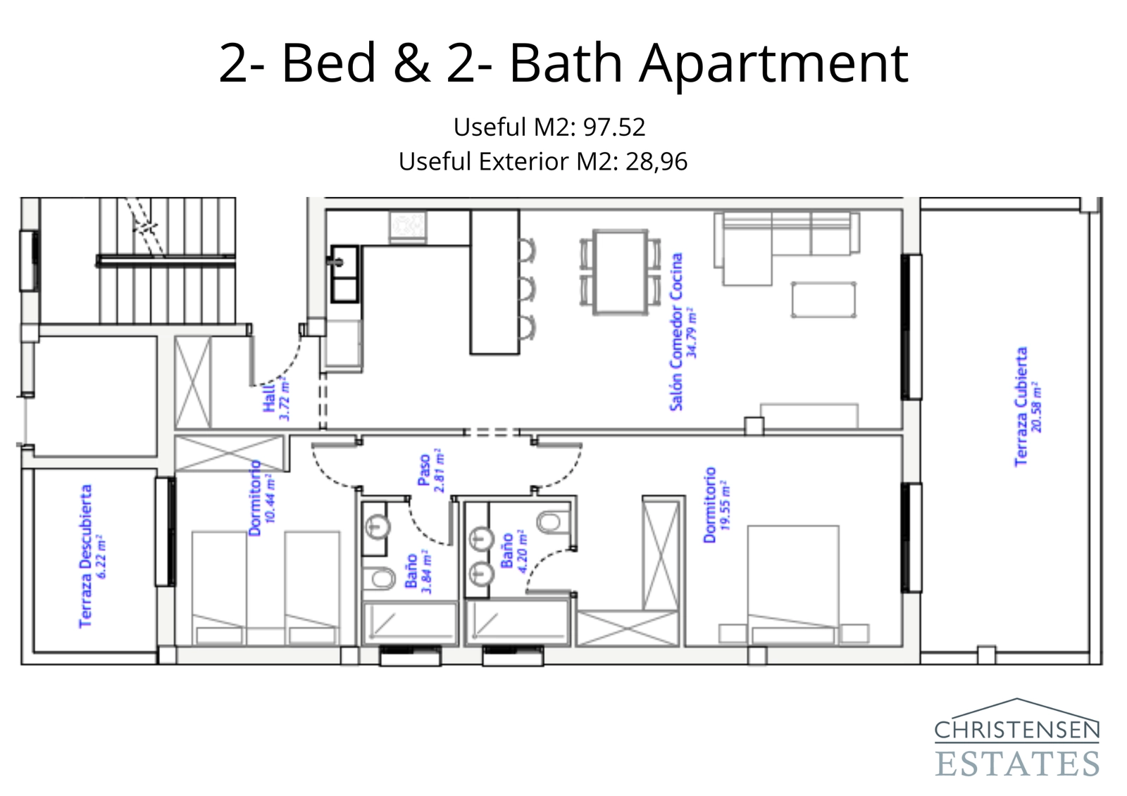Plattegrond van een appartement met twee slaapkamers, met een ruime woonkamer en een groot privéterras.