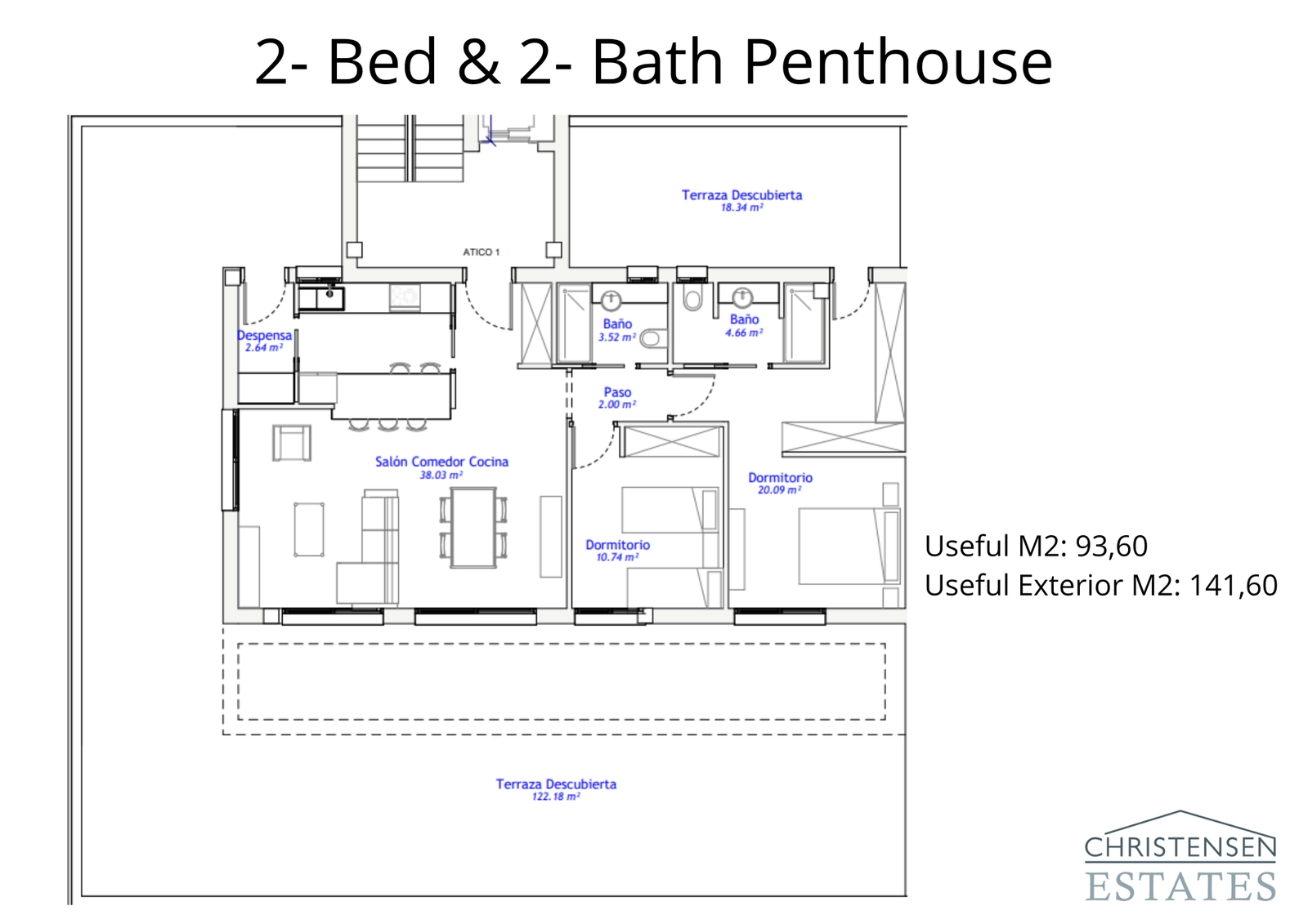 De penthouse-indeling omvat een riant terras, perfect om te genieten van het uitzicht en het buitenleven.