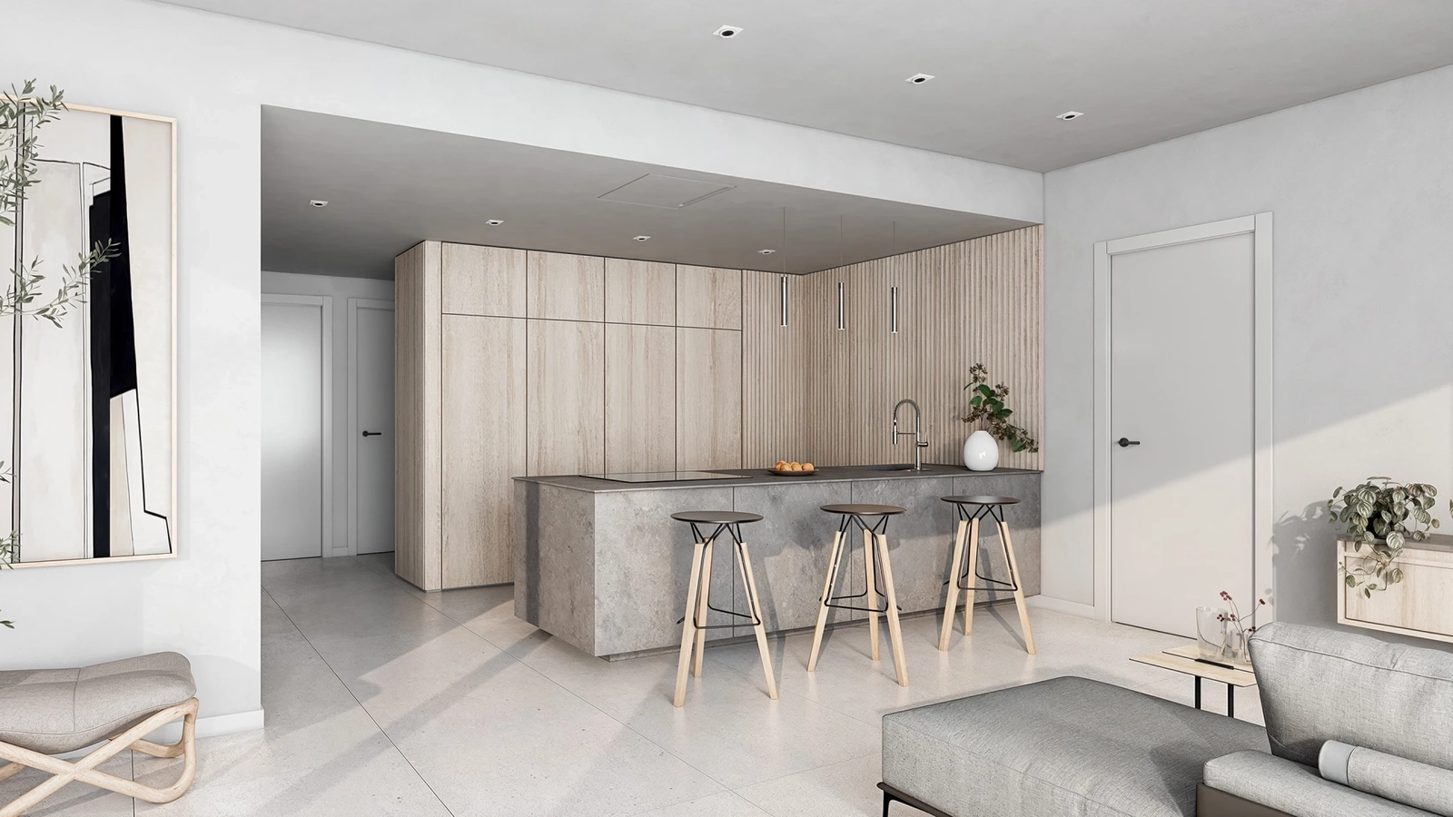 Een eigentijdse keuken, volledig uitgerust met hoogwaardige apparatuur en afwerkingen.