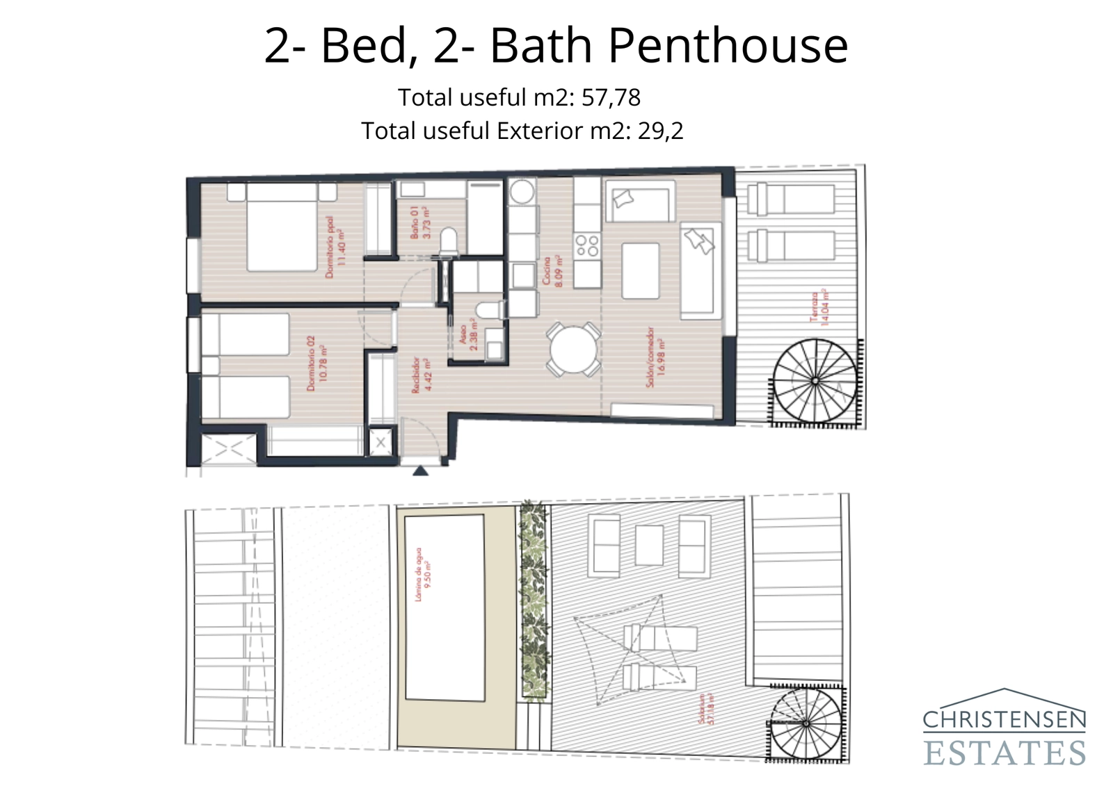 De plattegrond van het penthouse met twee slaapkamers omvat een privé dakterras met een zwembad, wat een exclusieve buitenlevenervaring biedt.