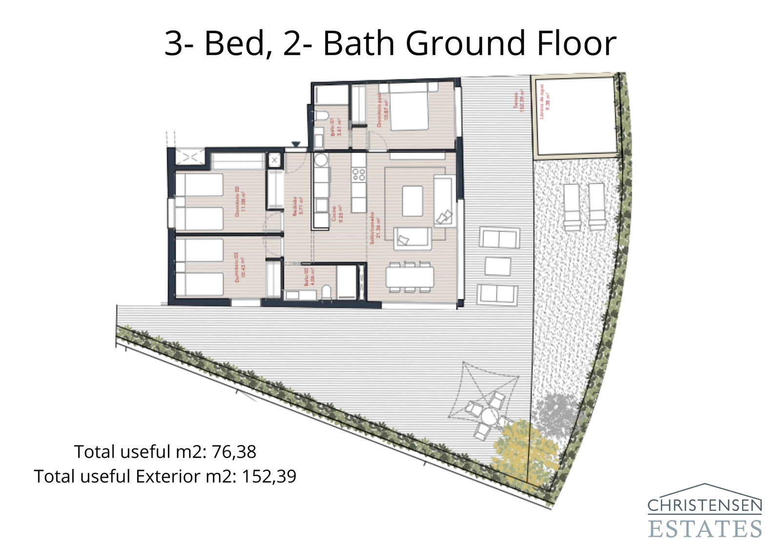 Een ruime plattegrond van de begane grond met drie slaapkamers, met een royale binnenruimte die verbonden is met een grote privétuin en terras.