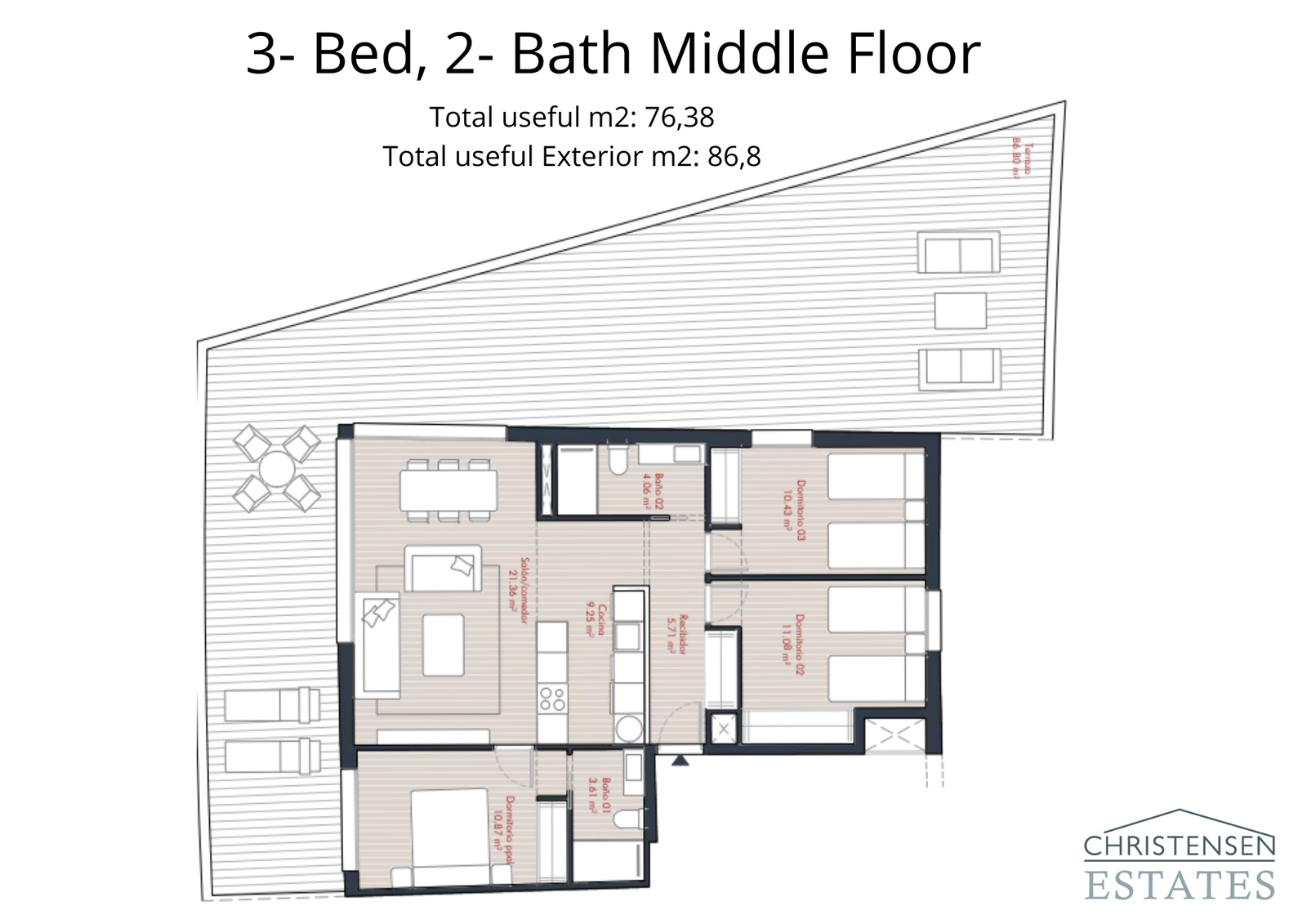 Plattegrond van een appartement met drie slaapkamers op de middelste verdieping, ontworpen voor familiecomfort met een ruim terras.