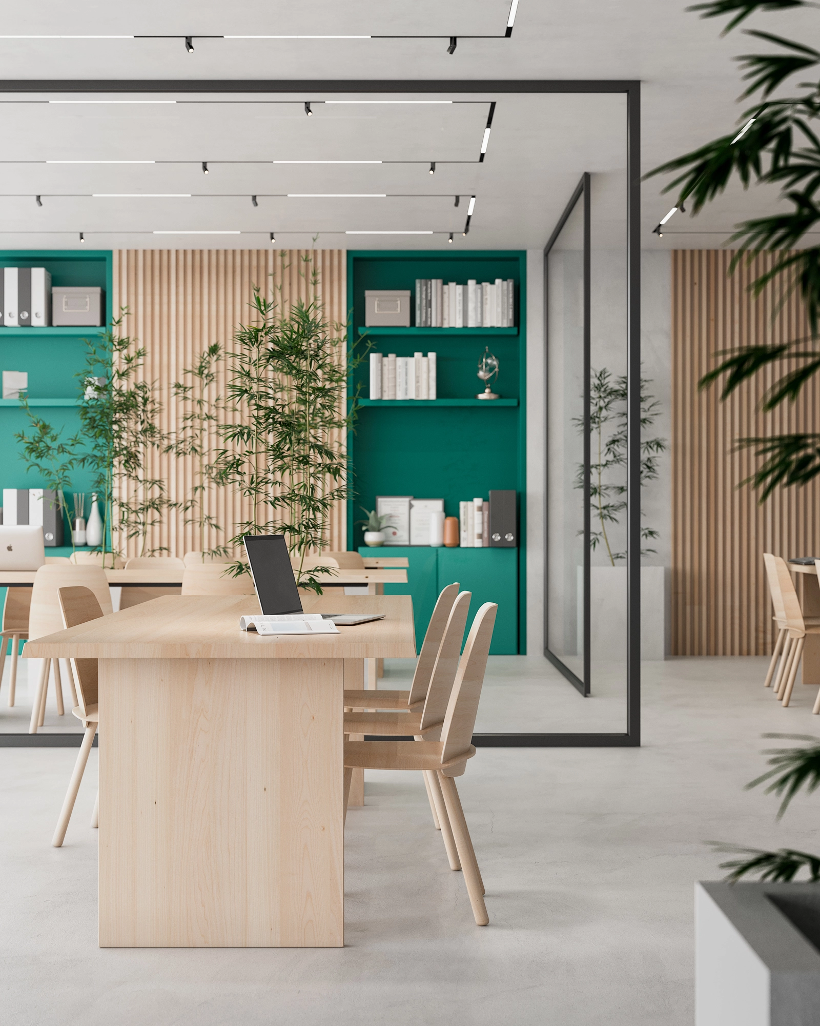 Een stijlvolle en rustige co-workingruimte ontworpen voor productiviteit, met een comfortabele omgeving voor bewoners.