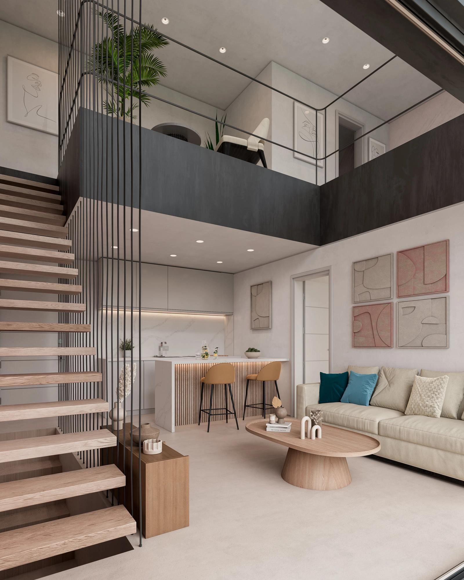 De open woonruimte combineert modern design met een warme, uitnodigende sfeer, perfect om te ontspannen of te ontvangen.