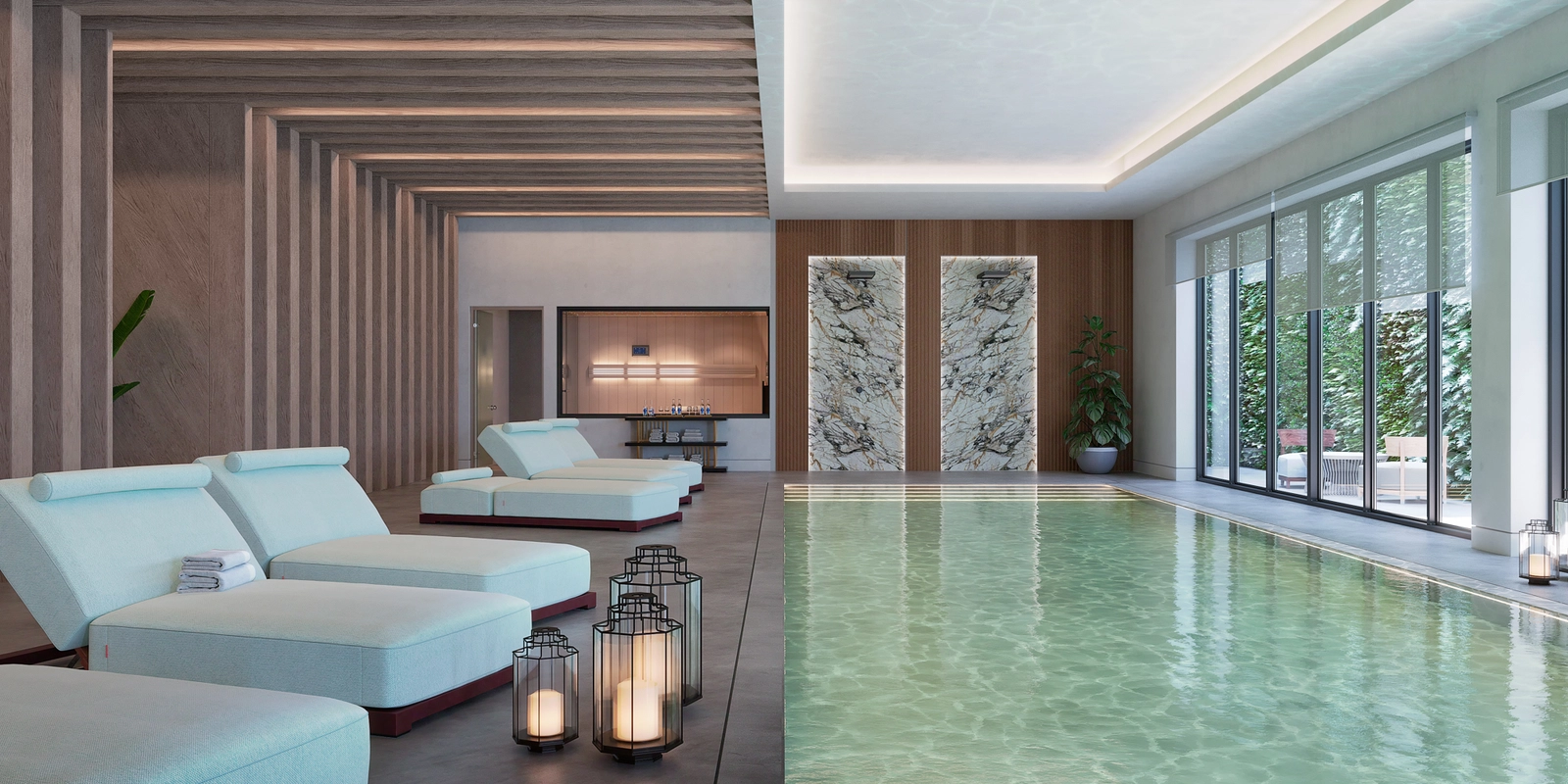 Het luxueuze binnenzwembad en de spa bieden een perfecte omgeving voor het hele jaar door ontspanning en welzijn.