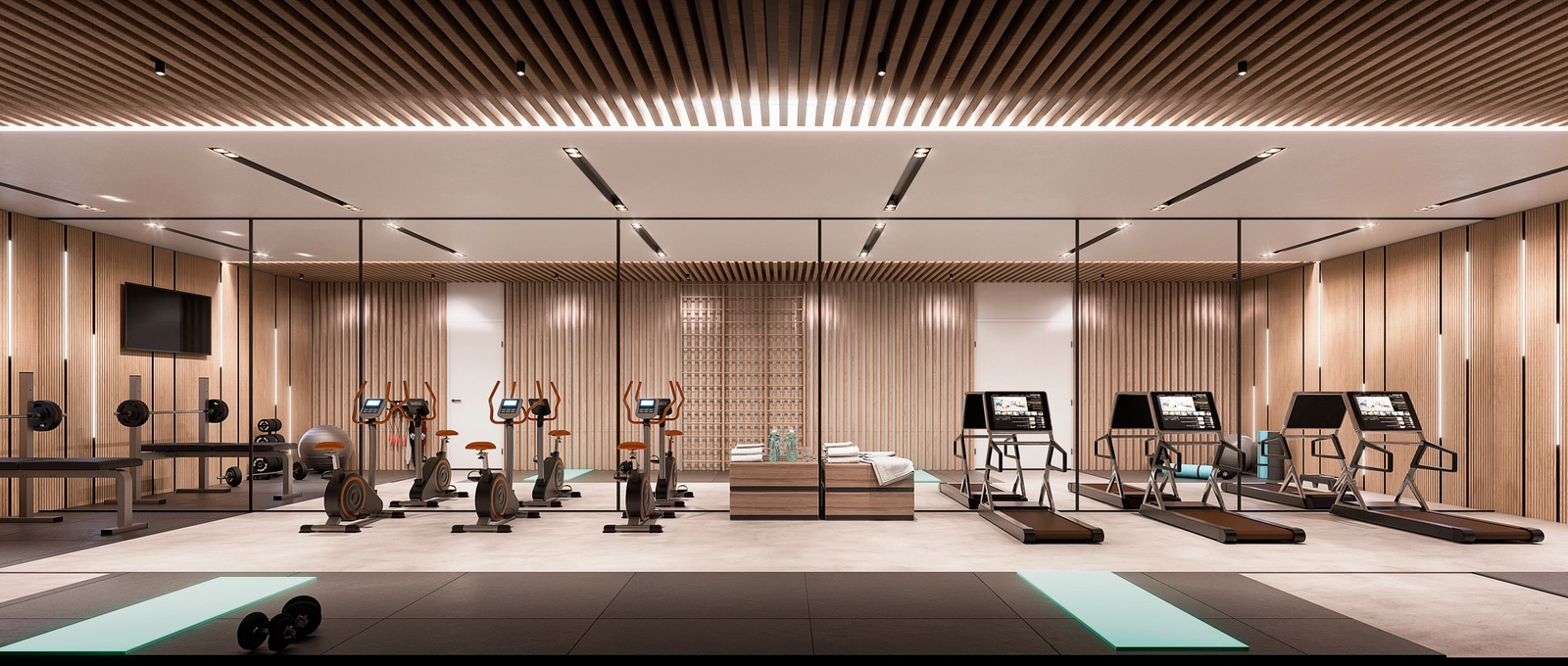 Een ultramodern fitnesscentrum uitgerust met een compleet assortiment moderne trainingsapparatuur voor een volledige training.
